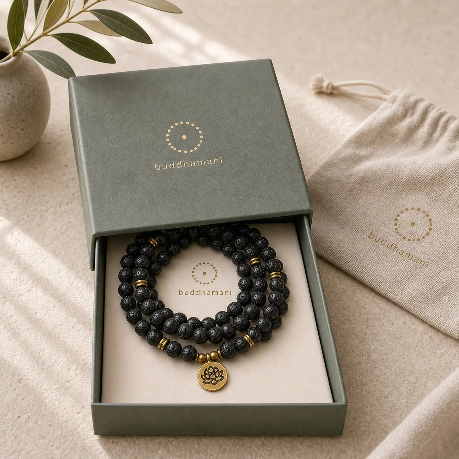 Retro Lotus Symbol Charm Lava Rock Bead Healing New Beginning Mala featuring Lotus Symbol, Lotus, Lava Rock