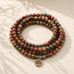Retro Lotus Symbol Charm Round Bead Red Turquoise Warm Mala featuring Lotus Symbol, Lotus, Red Turquoise