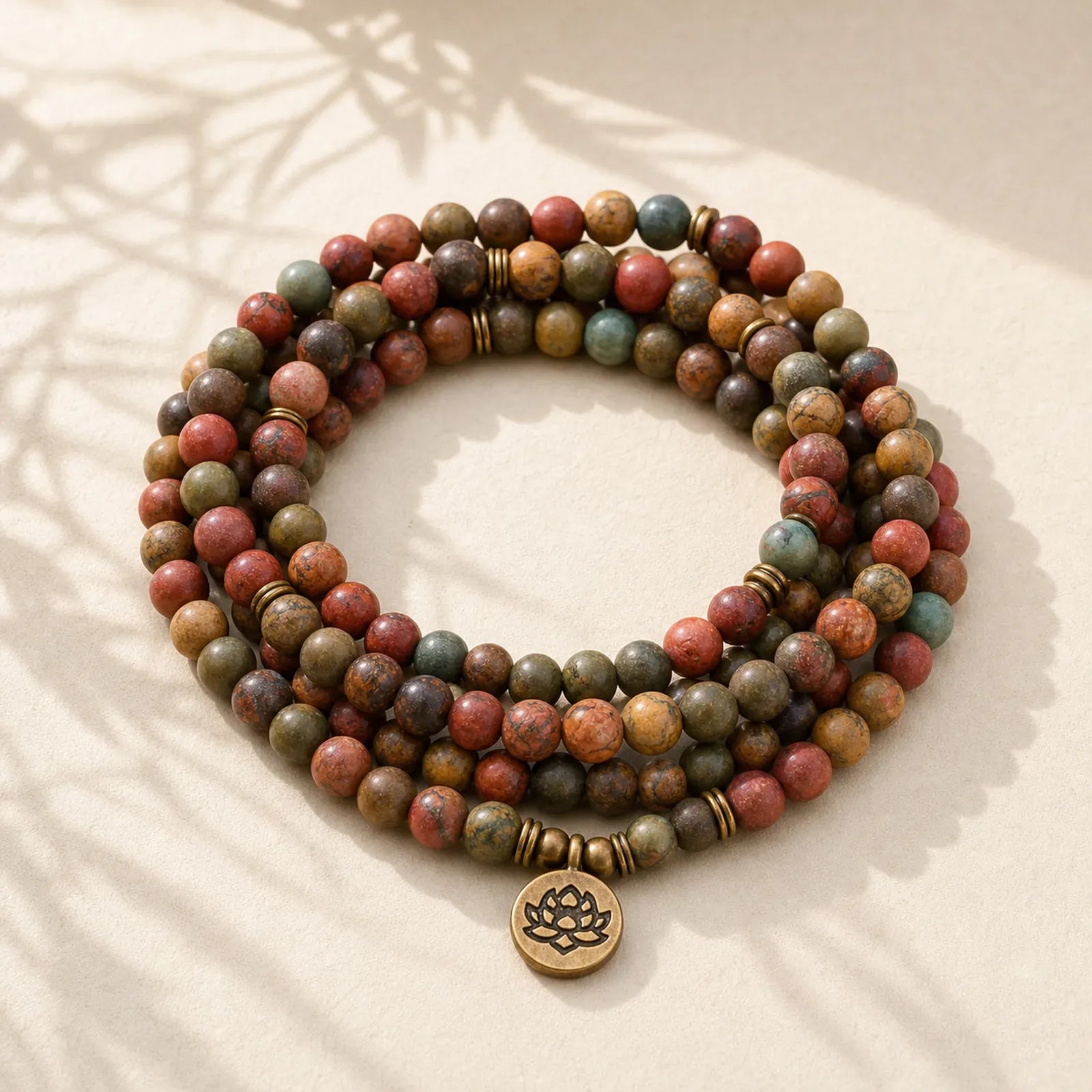 Retro Lotus Symbol Charm Round Bead Red Turquoise Warm Mala featuring Lotus Symbol, Lotus, Red Turquoise