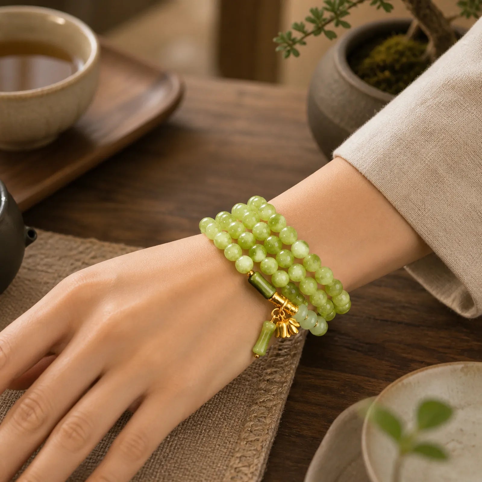 Retro Multilayer Lily of the Valley Bamboo Green Chalcedony Strength Bracelet featuring Bamboo, Green Chalcedony, Chalcedony