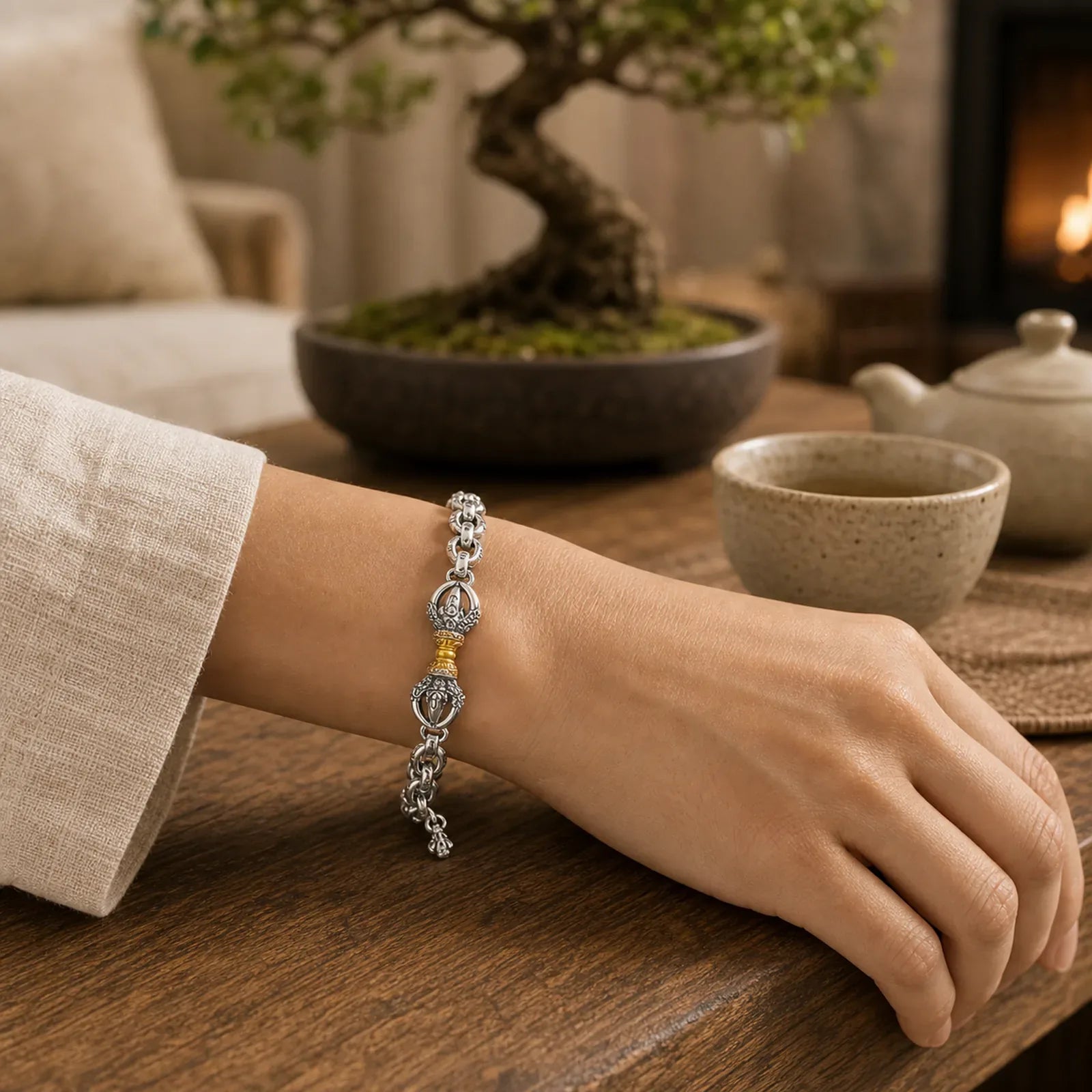 Retro Om Mani Padme Hum Vajra Copper Calm Bracelet featuring Om Mani Padme Hum, Om, Vajra