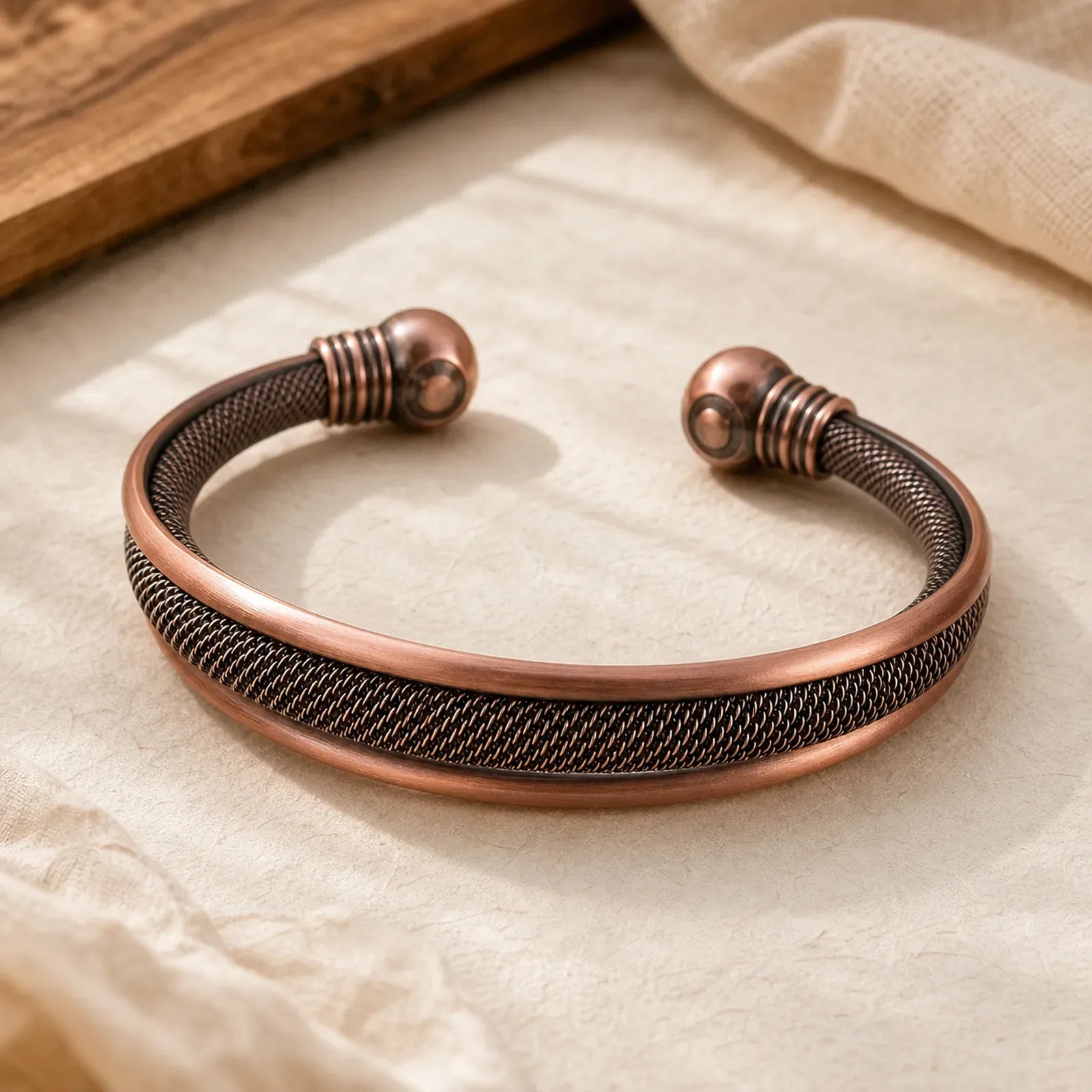 Retro Textured Flower Pattern Twisted Copper Balance Luck Open Cuff Bracelet Bangle featuring Copper
