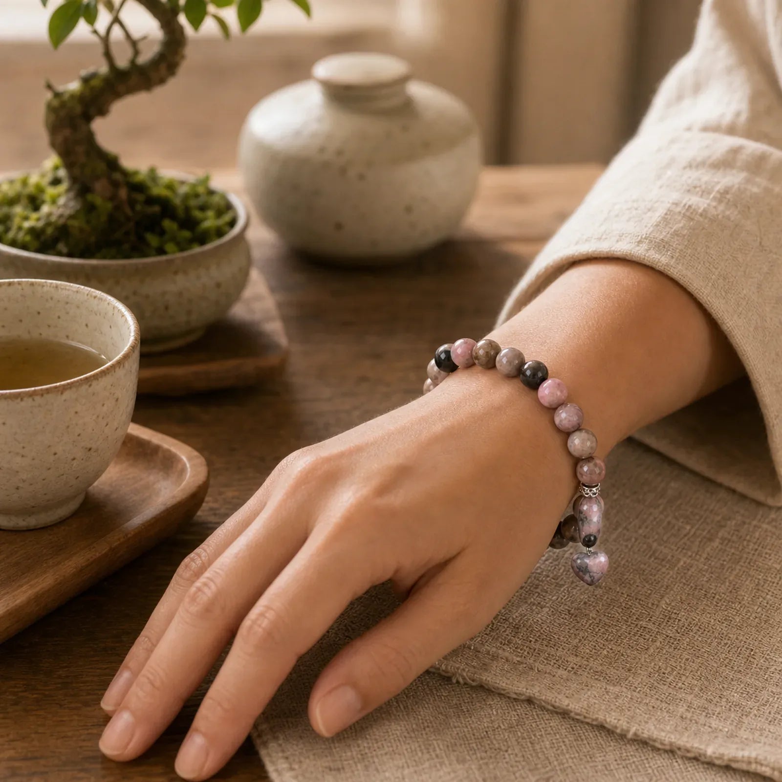 Rhodonite Love Heart Healing Beads Bracelet featuring Rhodonite