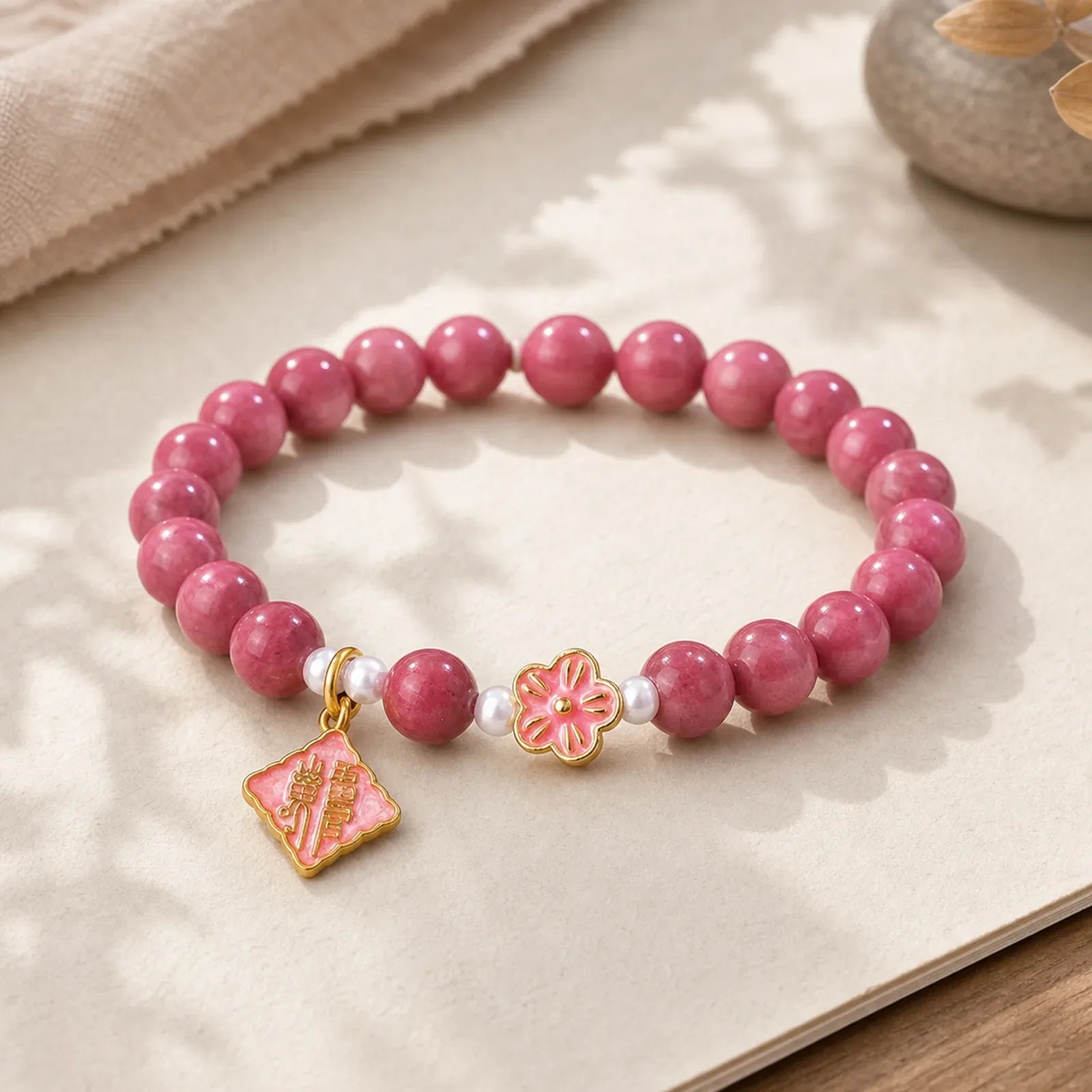 Rhodonite Peach Blossom Loving Energy Bracelet featuring Rhodonite, Pearl, Copper