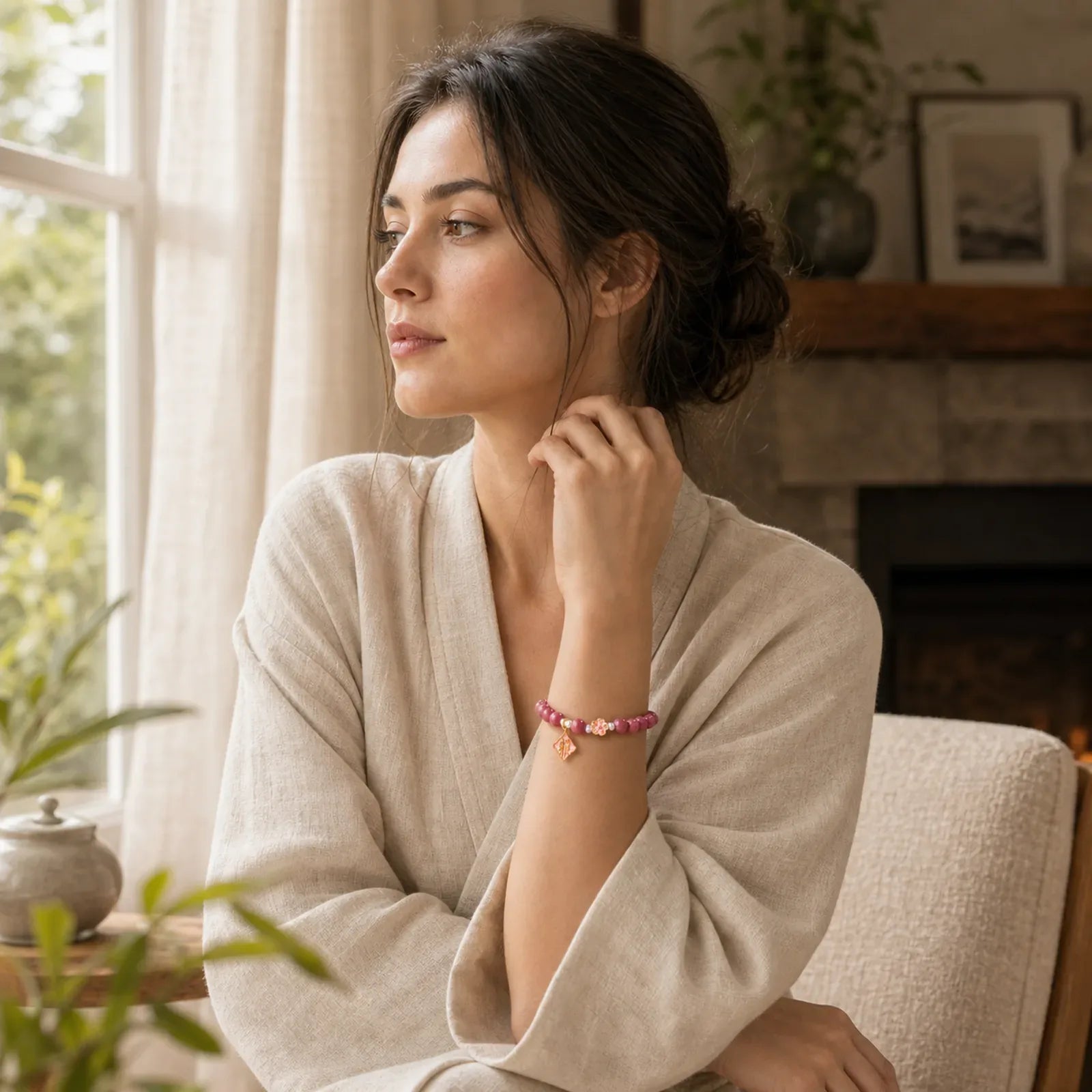 Rhodonite Peach Blossom Loving Energy Bracelet featuring Rhodonite, Pearl, Copper