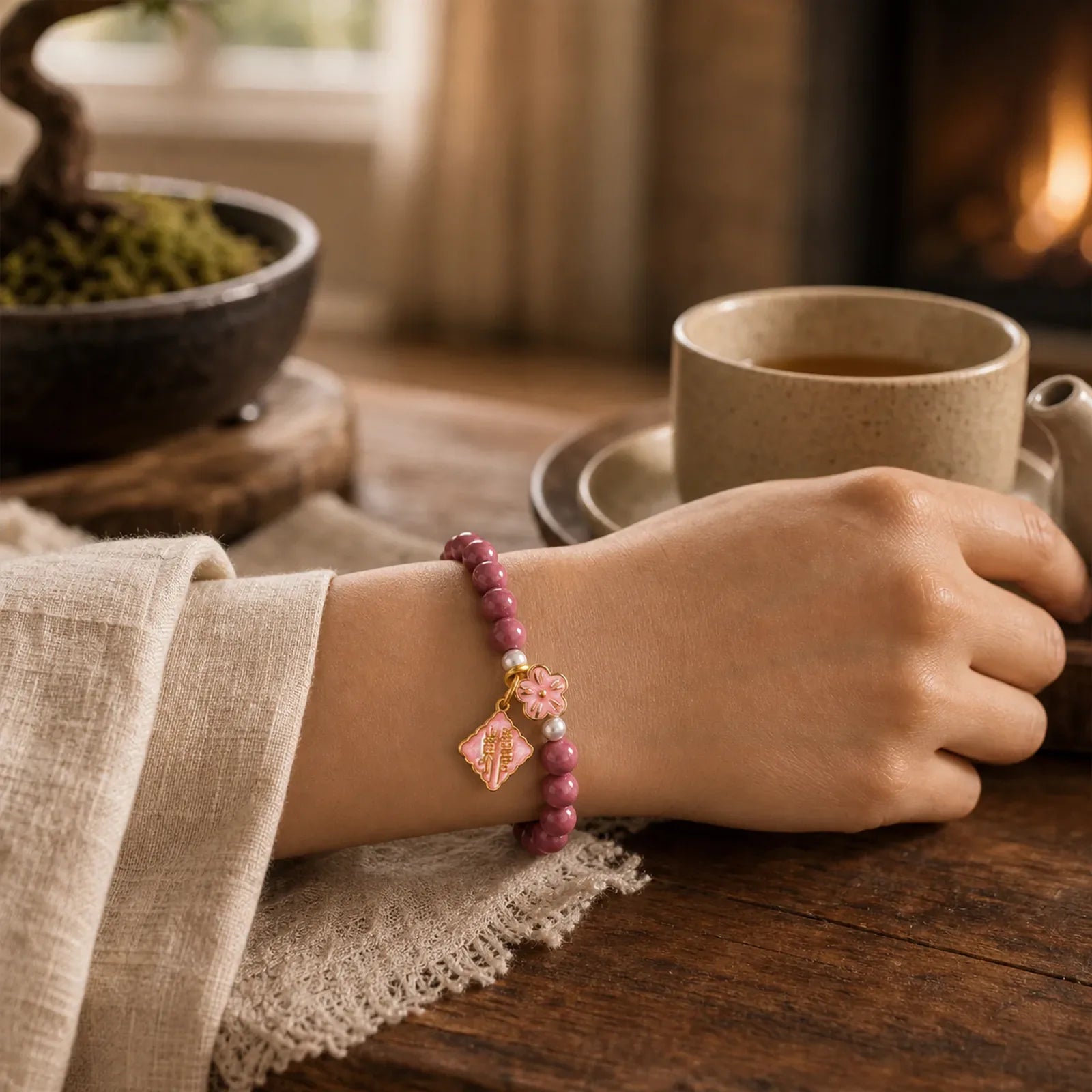 Rhodonite Peach Blossom Loving Energy Bracelet featuring Rhodonite, Pearl, Copper