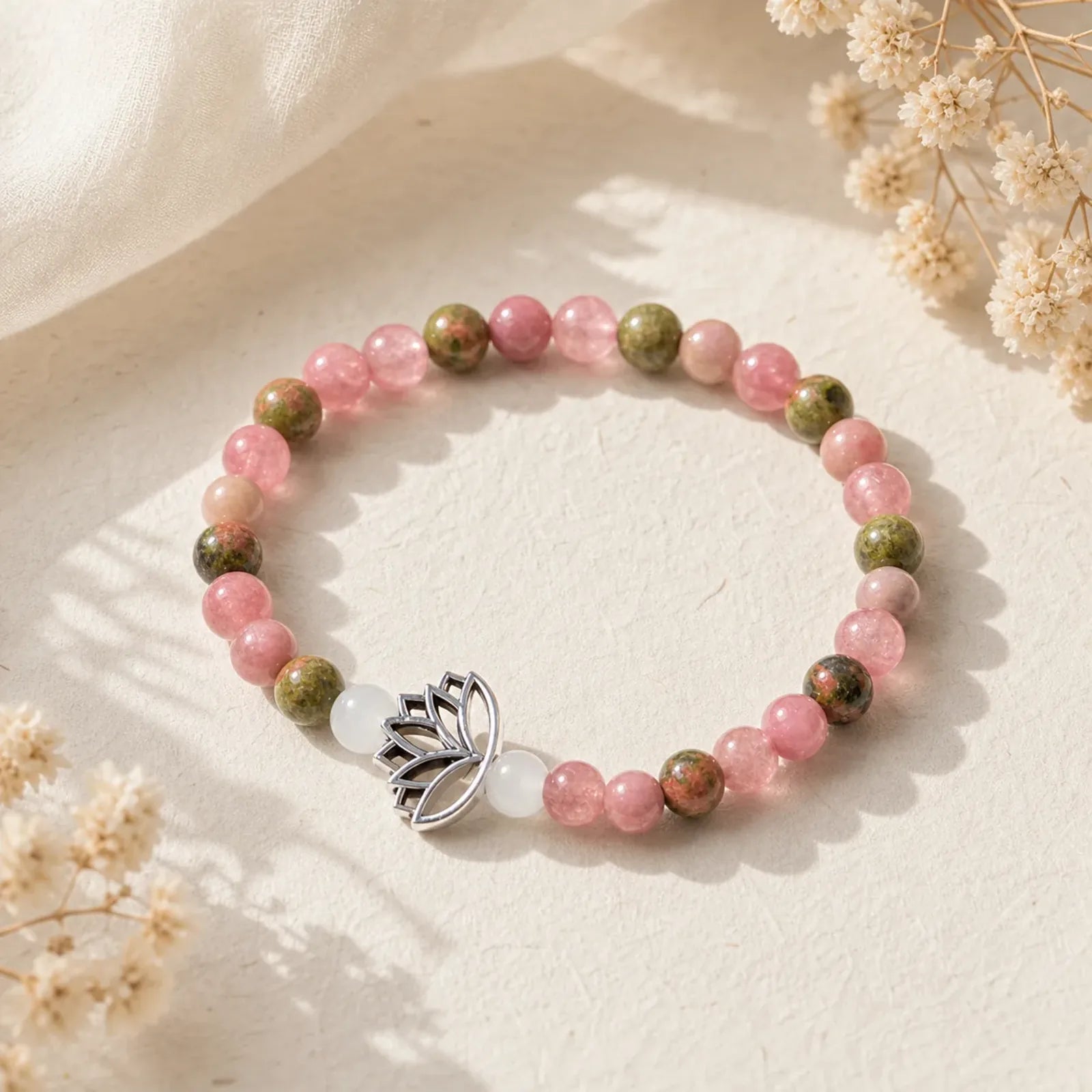 Rhodonite Unakite Beads Lotus Healing Bracelet featuring Rhodonite, Unakite, Lotus