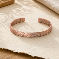 Rose Flower Pattern Copper Balance Luck Open Cuff Bracelet Bangle featuring Copper