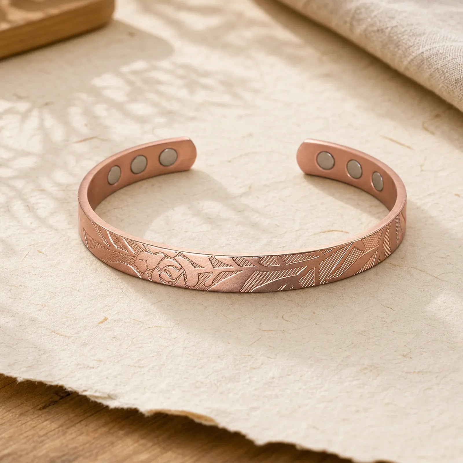Rose Flower Pattern Copper Balance Luck Open Cuff Bracelet Bangle featuring Copper