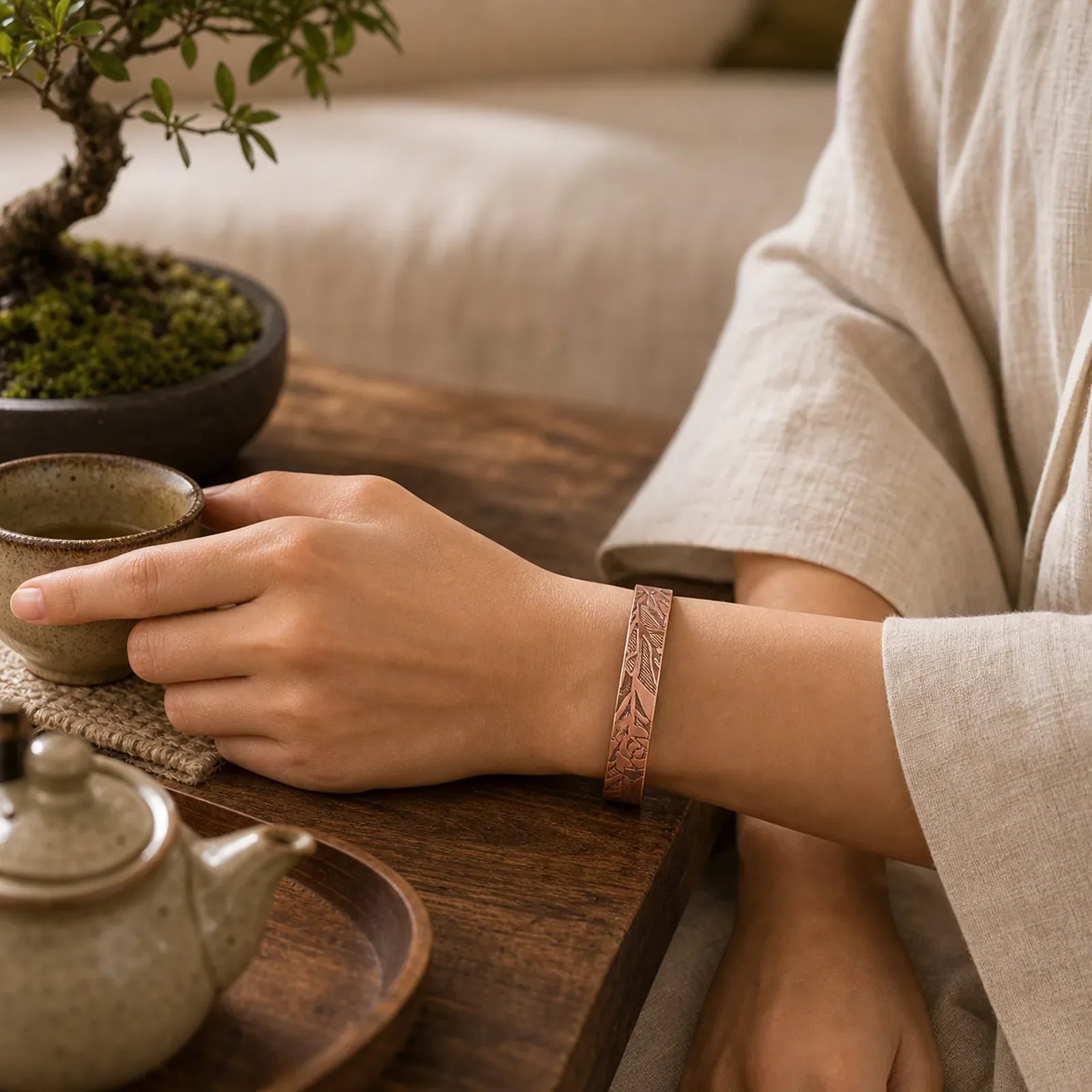 Rose Flower Pattern Copper Balance Luck Open Cuff Bracelet Bangle featuring Copper
