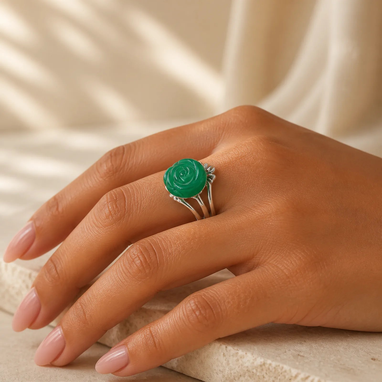 Rose Green Jasper Copper Plated Silver Adjustable Balance Ring featuring Green Jasper, Copper, Silver