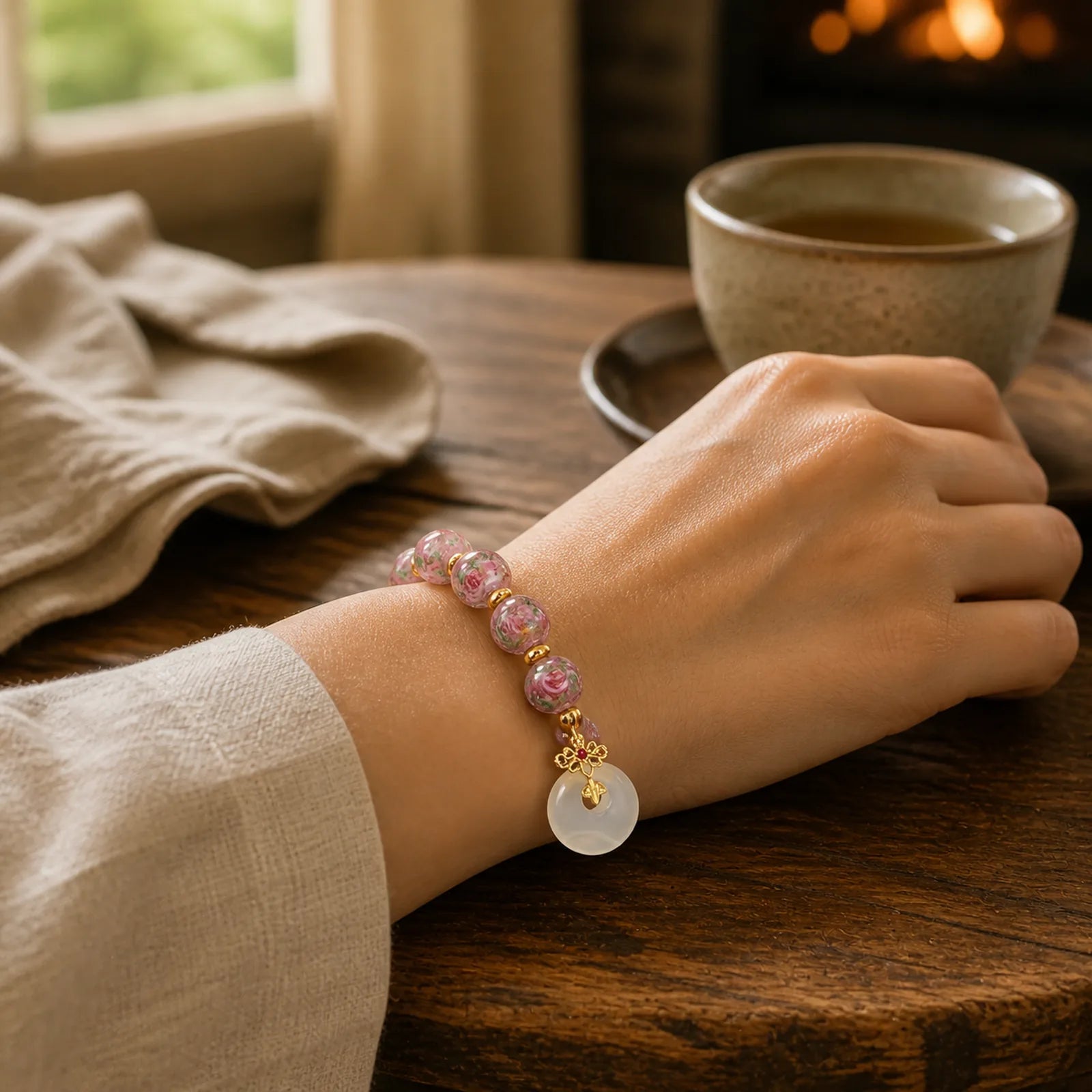 Rose Liuli Glass Bead Peace Buckle Peace Bracelet featuring Peace Buckle, Five Elements, Copper