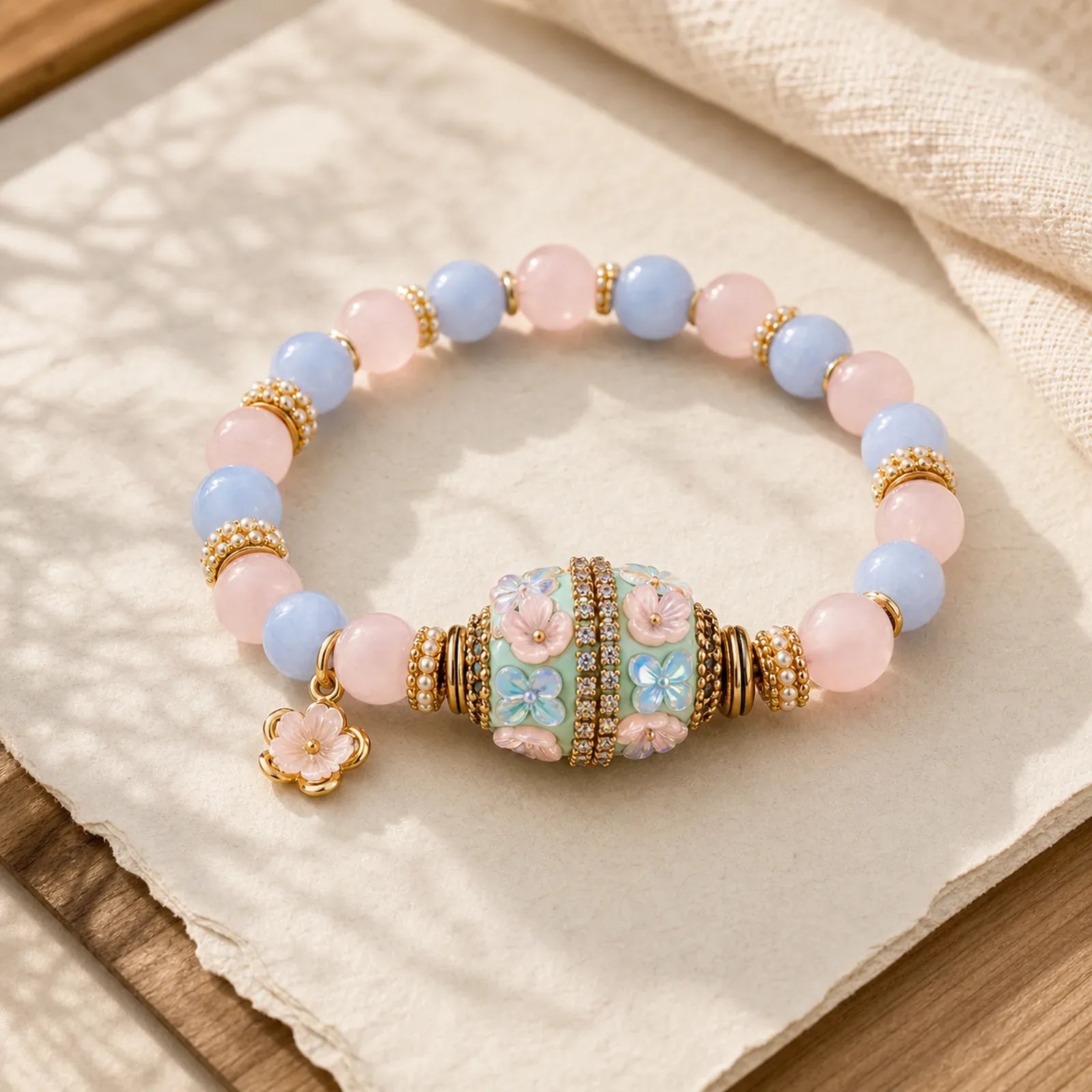 Rose Quartz Blue Chalcedony Copper Barrel Bead Flower Pendant Love Round Bead Bracelet featuring Rose Quartz, Blue Chalcedony, Chalcedony