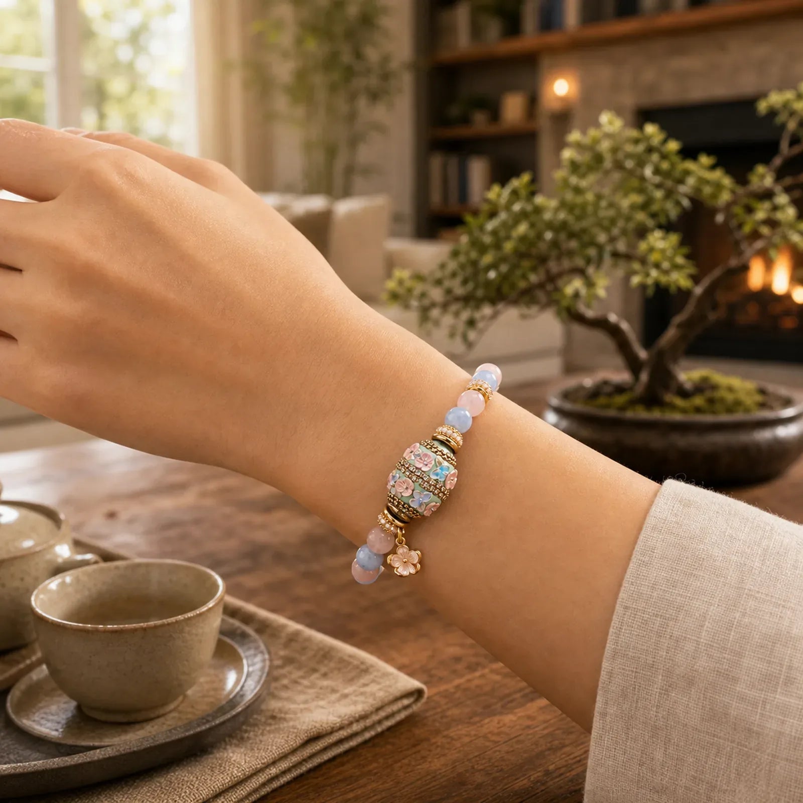 Rose Quartz Blue Chalcedony Copper Barrel Bead Flower Pendant Love Round Bead Bracelet featuring Rose Quartz, Blue Chalcedony, Chalcedony