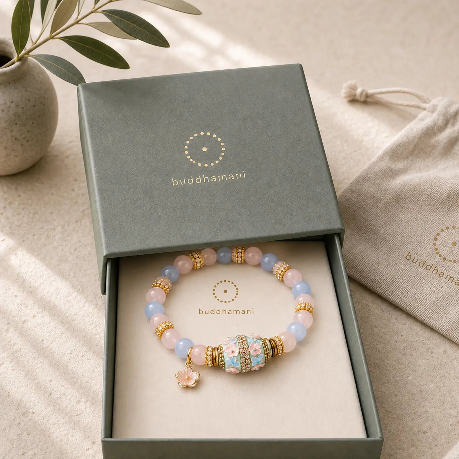 Rose Quartz Blue Chalcedony Copper Barrel Bead Flower Pendant Love Round Bead Bracelet featuring Rose Quartz, Blue Chalcedony, Chalcedony