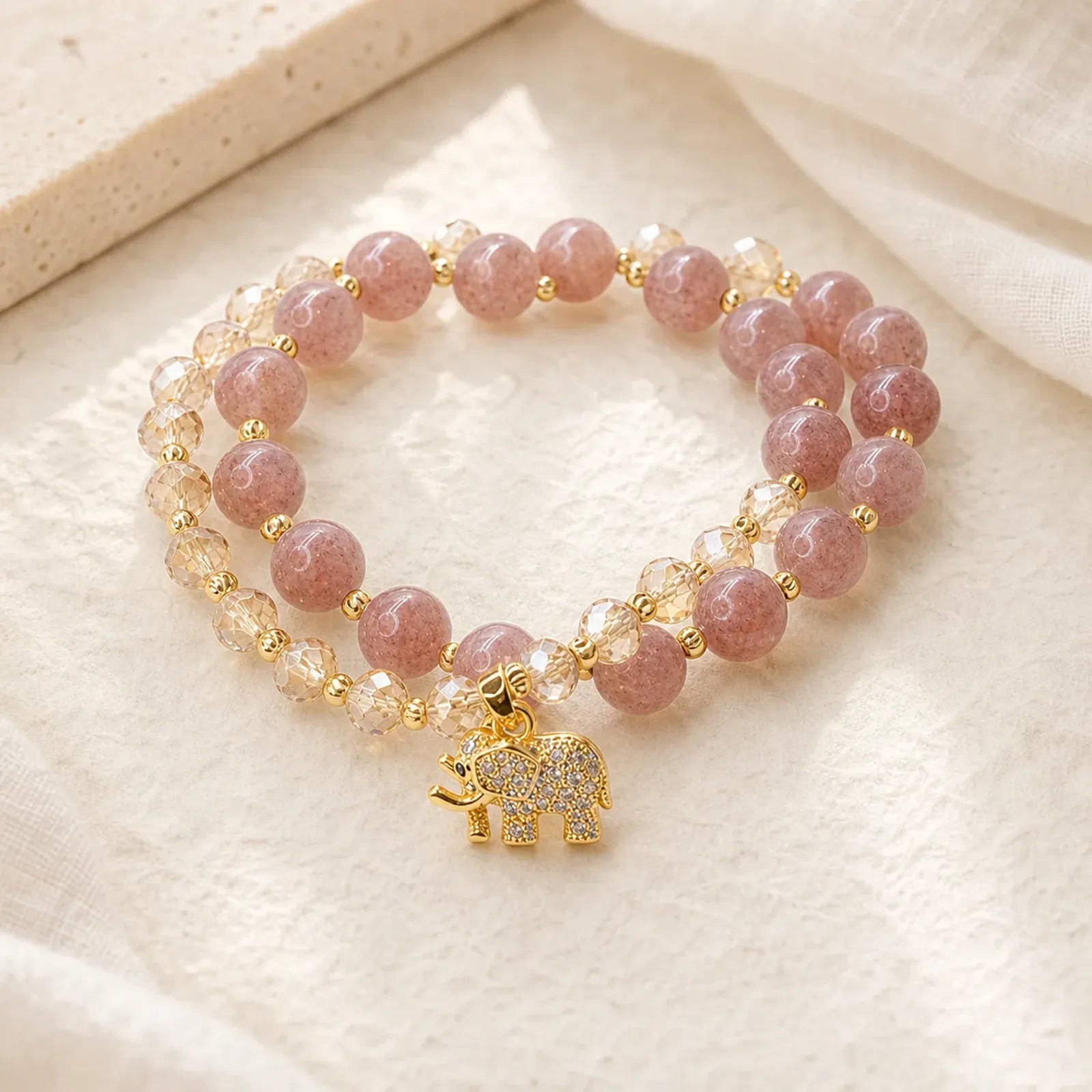 Rose Quartz Elephant Healing Energy Charm Bracelet featuring Rose Quartz, Elephant Symbol, Rutilated Quartz