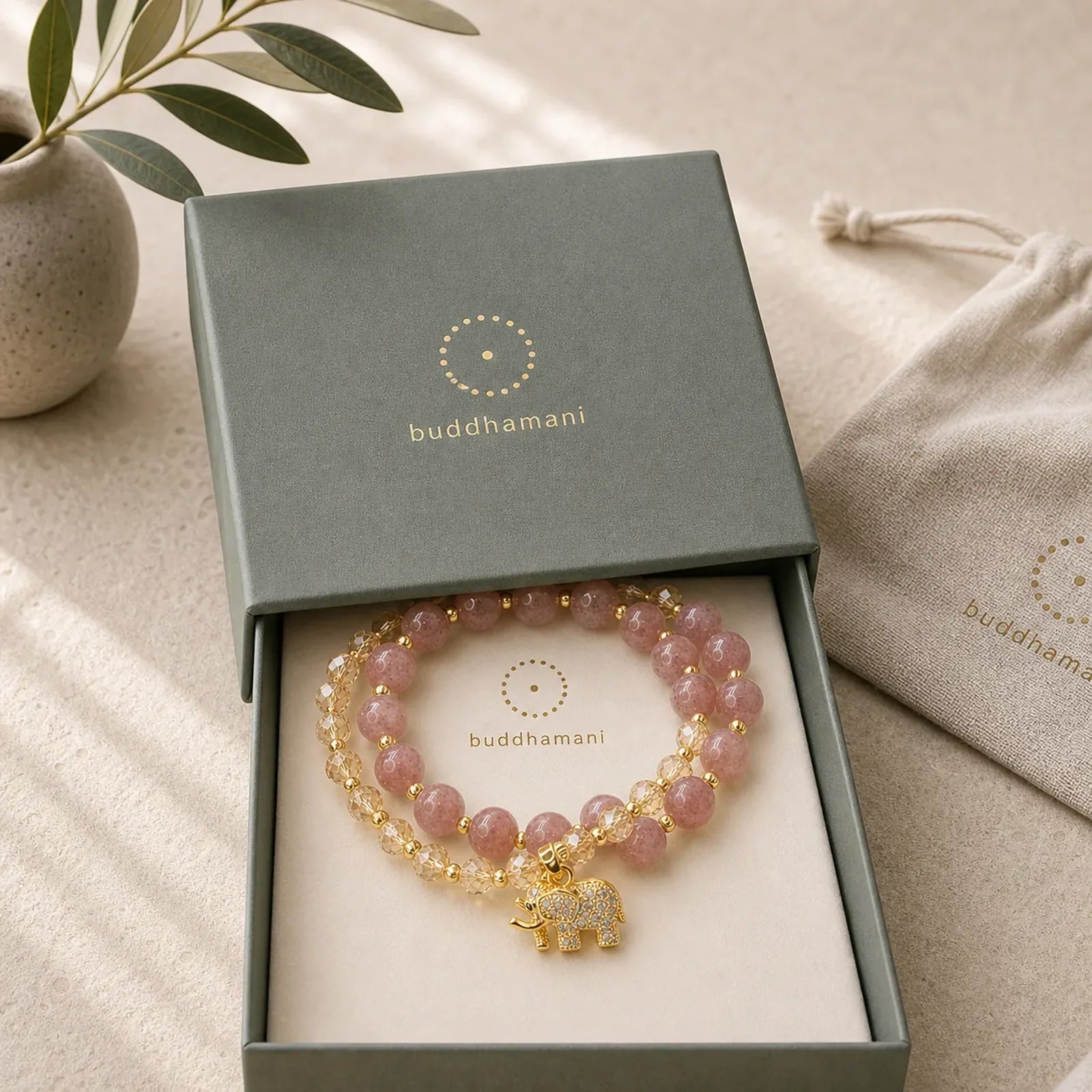Rose Quartz Elephant Healing Energy Charm Bracelet featuring Rose Quartz, Elephant Symbol, Rutilated Quartz