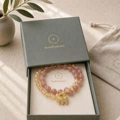 Rose Quartz Elephant Healing Energy Charm Bracelet featuring Rose Quartz, Elephant Symbol, Rutilated Quartz