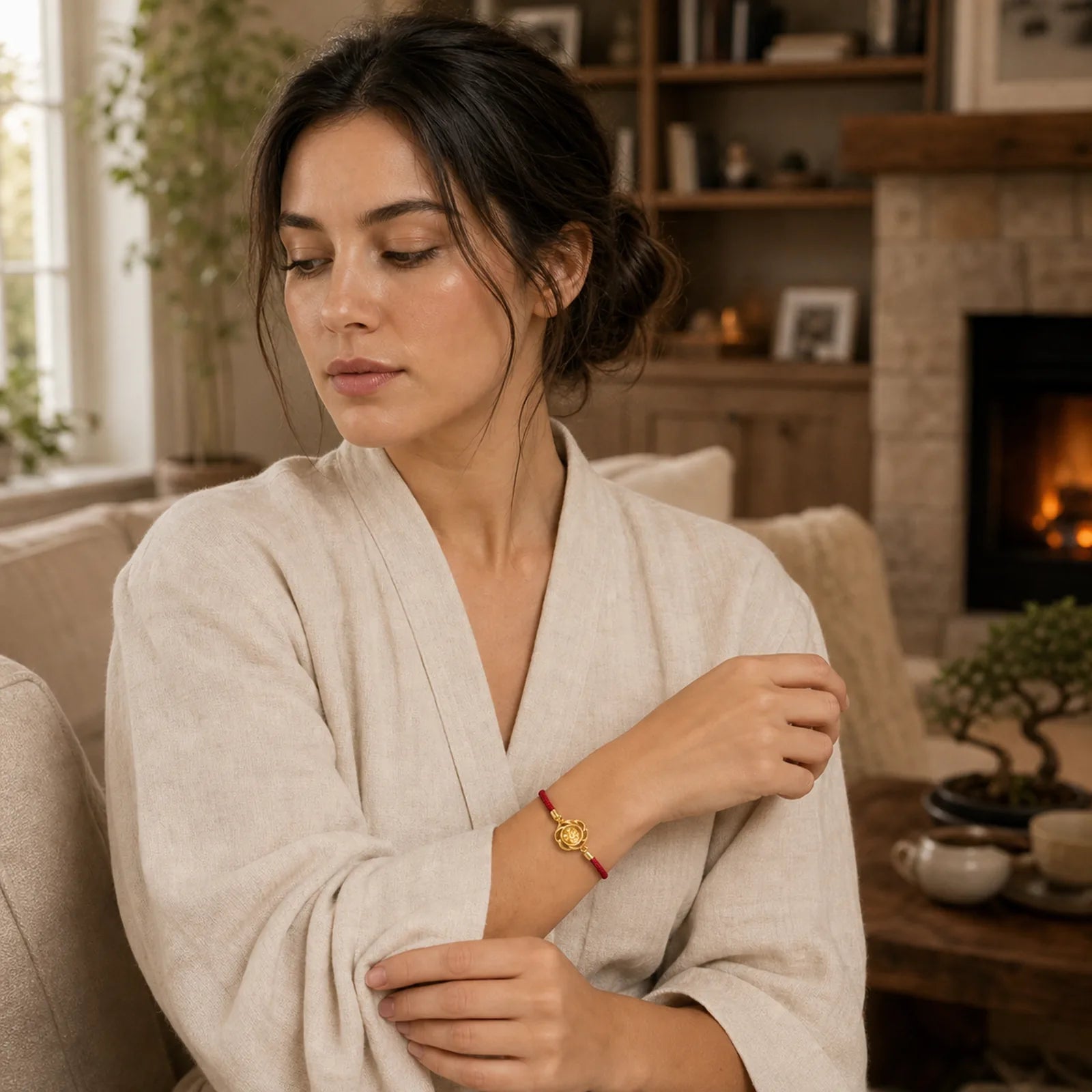 Rotatable Plum Red String Copper Brass Windmill Feng Sheng Shui Qi Protection Braided Bracelet featuring Red String, Copper