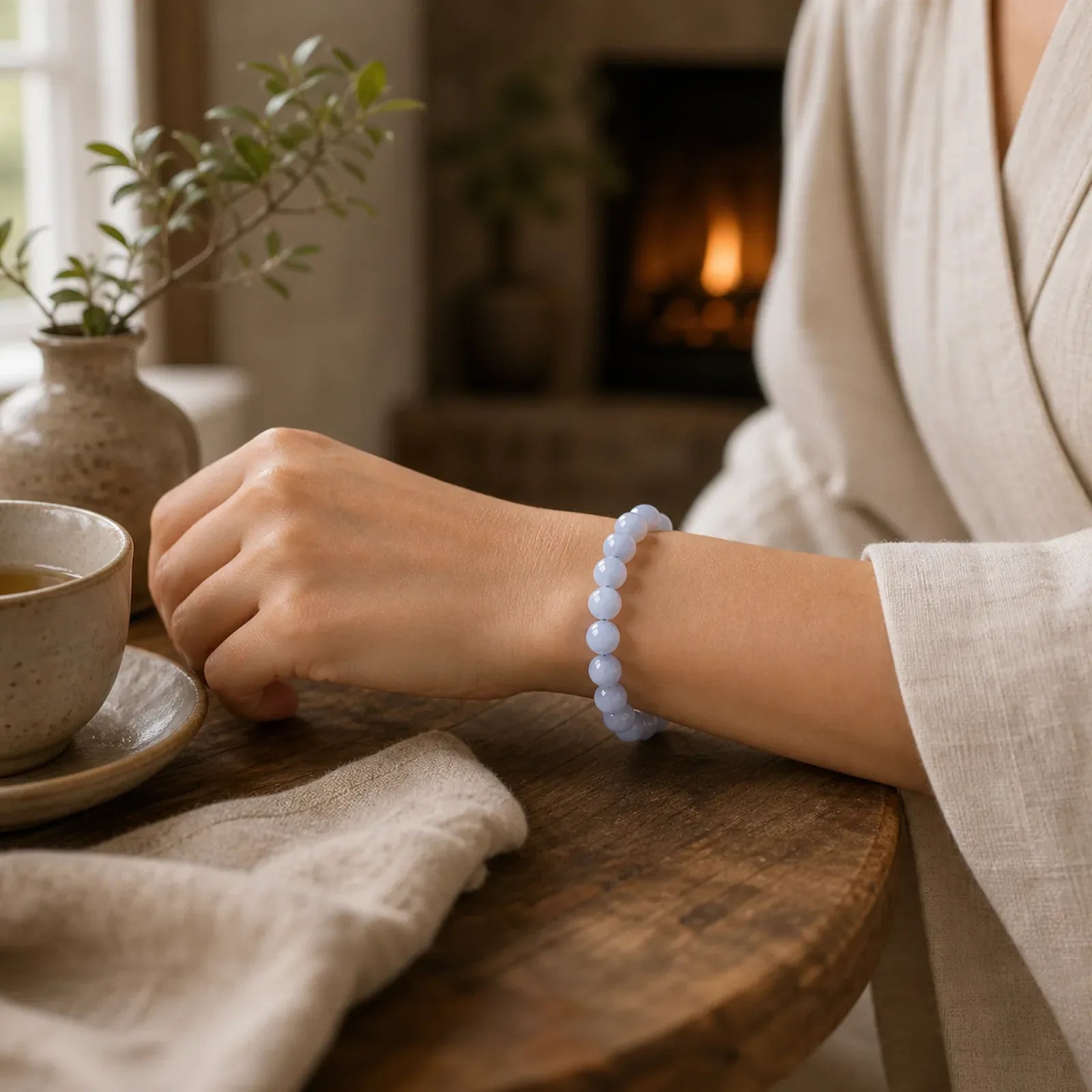 Round Design Natural Blue Lace Agate Beaded Bracelet featuring Blue Lace Agate