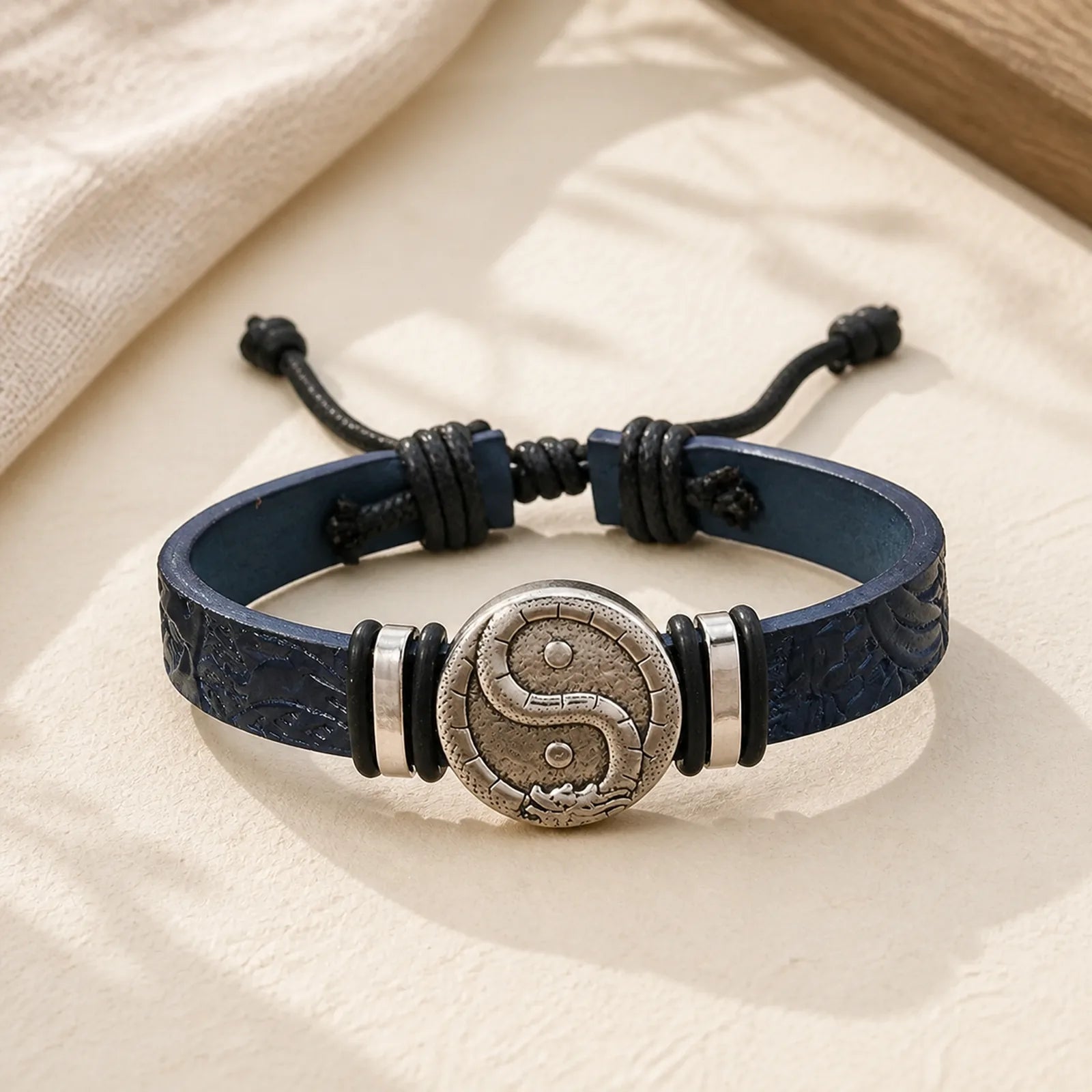 Round Engraved YIN YANG Dragon Leather Balance Bracelet featuring Dragon, Yin Yang Symbol