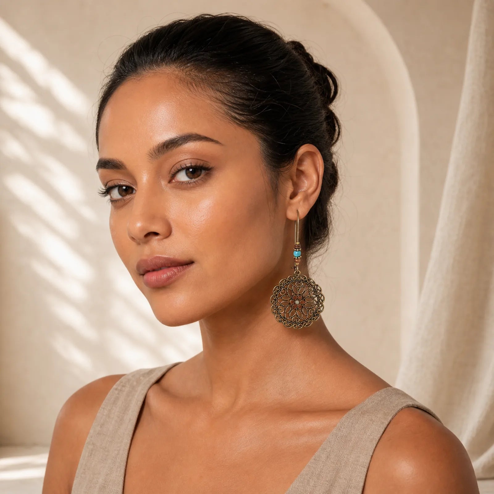 Round Flower Design Luck Dangle Drop Earrings featuring Copper