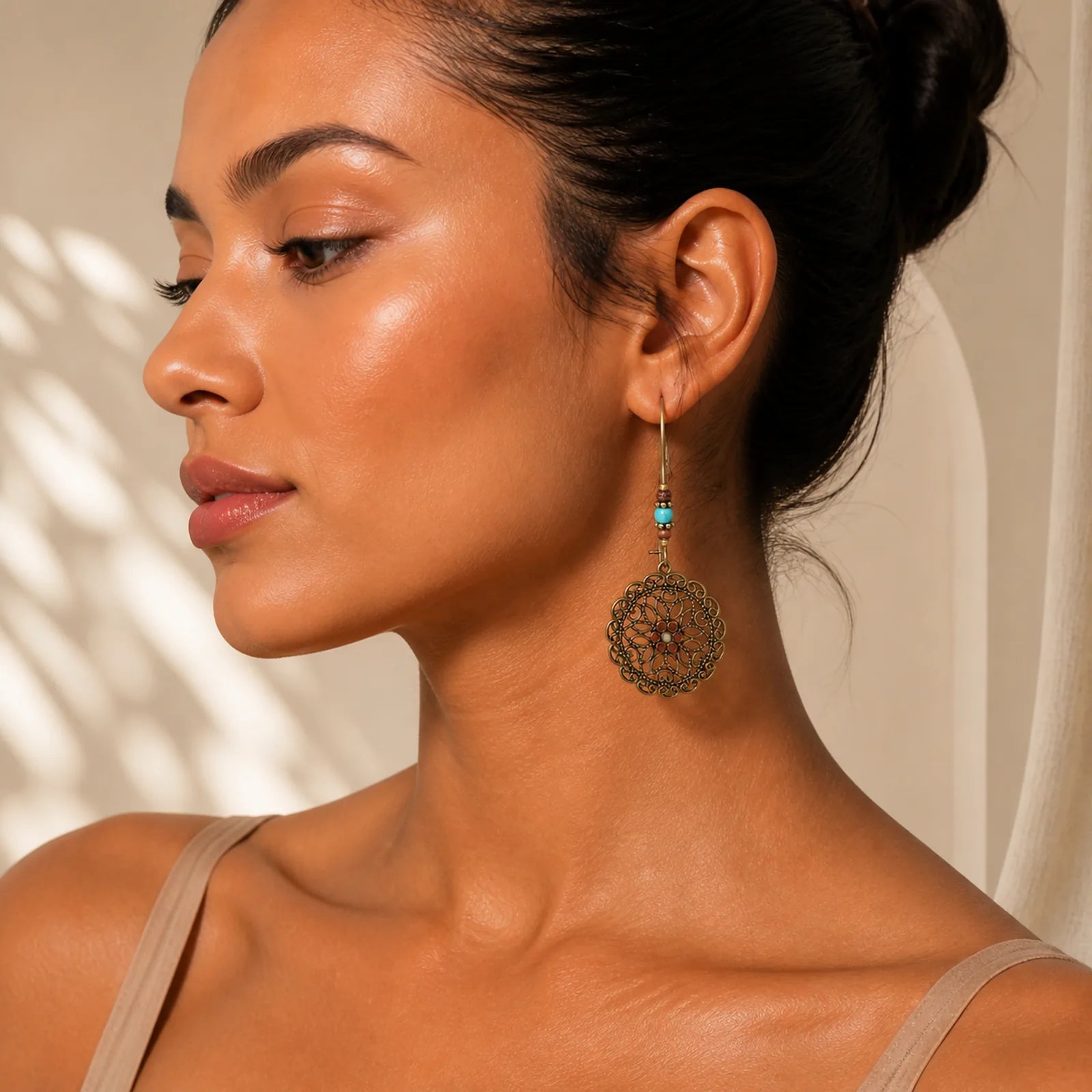 Round Flower Design Luck Dangle Drop Earrings featuring Copper