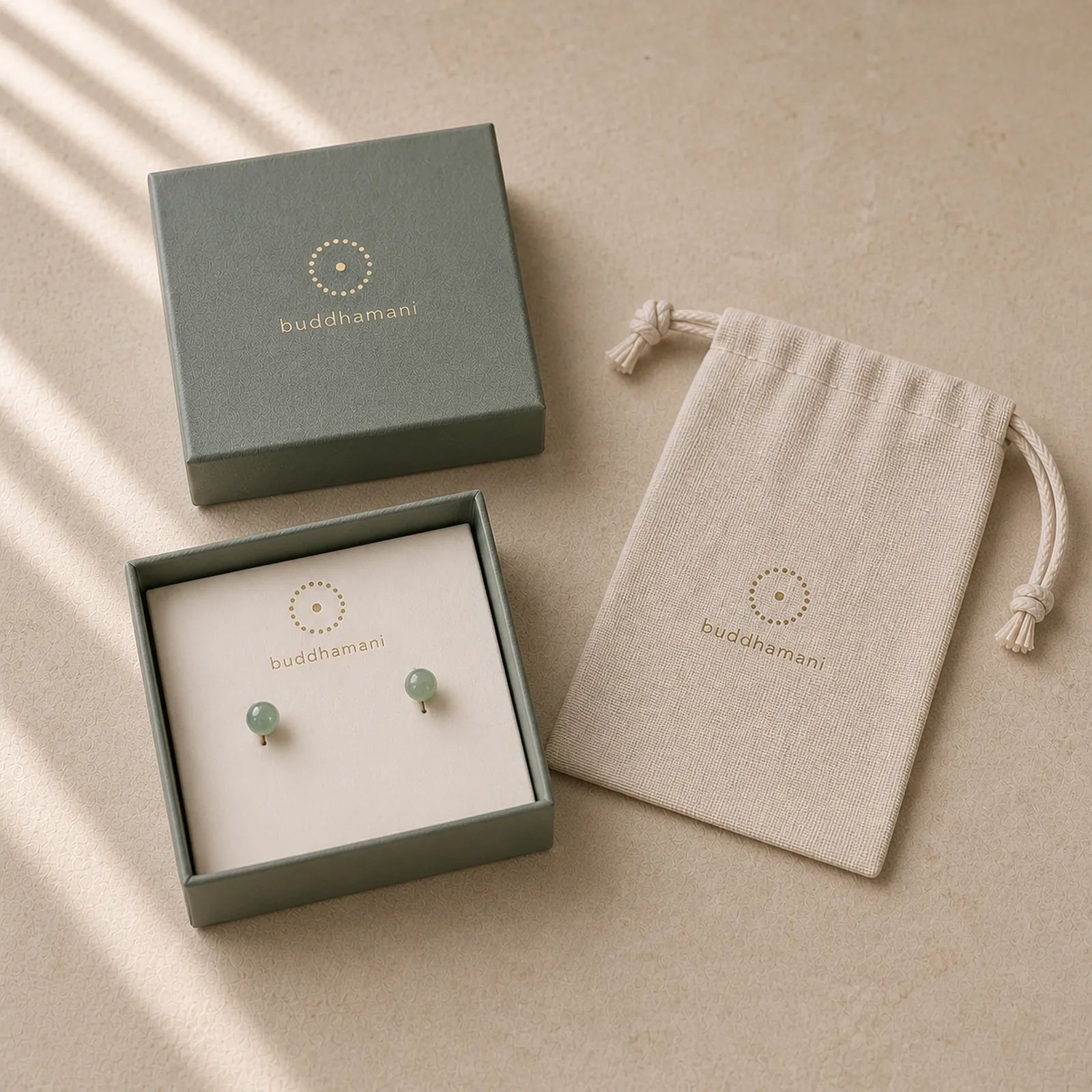 Round Jade Beaded Luck Stud Earrings featuring Jade, Silver