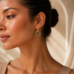 Round Jade Cyan Jade Prosperity Luck Drop Earrings featuring Jade, Cyan Jade, Silver