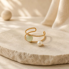 Round Jade Pearl Bead Double Layer Copper Luck Adjustable Ring featuring Jade, Pearl, Copper