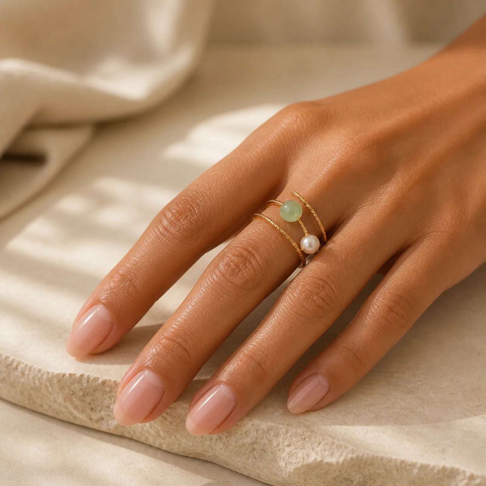 Round Jade Pearl Bead Double Layer Copper Luck Adjustable Ring featuring Jade, Pearl, Copper