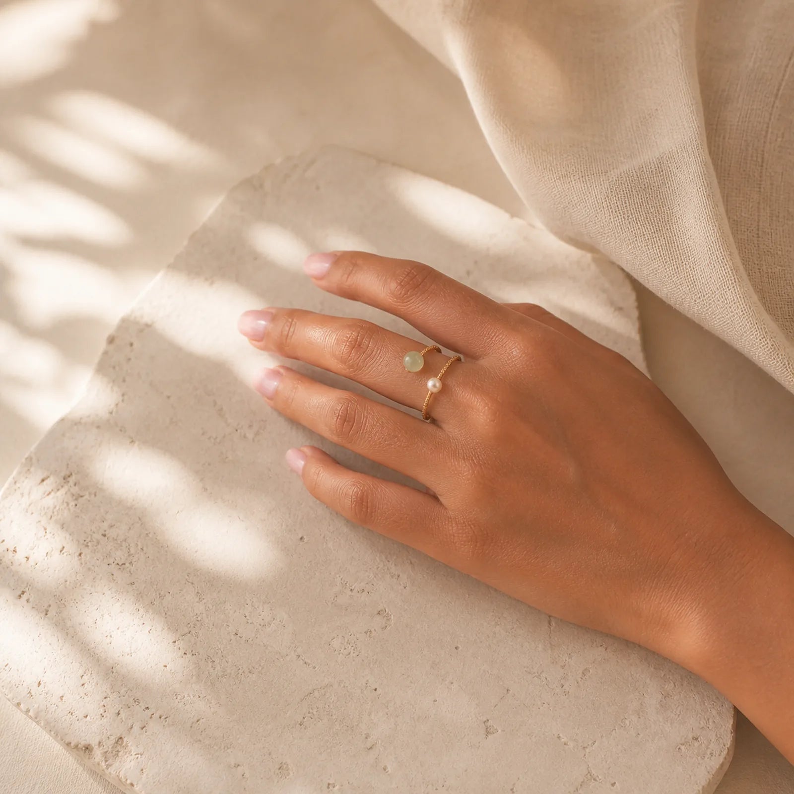 Round Jade Pearl Bead Double Layer Copper Luck Adjustable Ring featuring Jade, Pearl, Copper