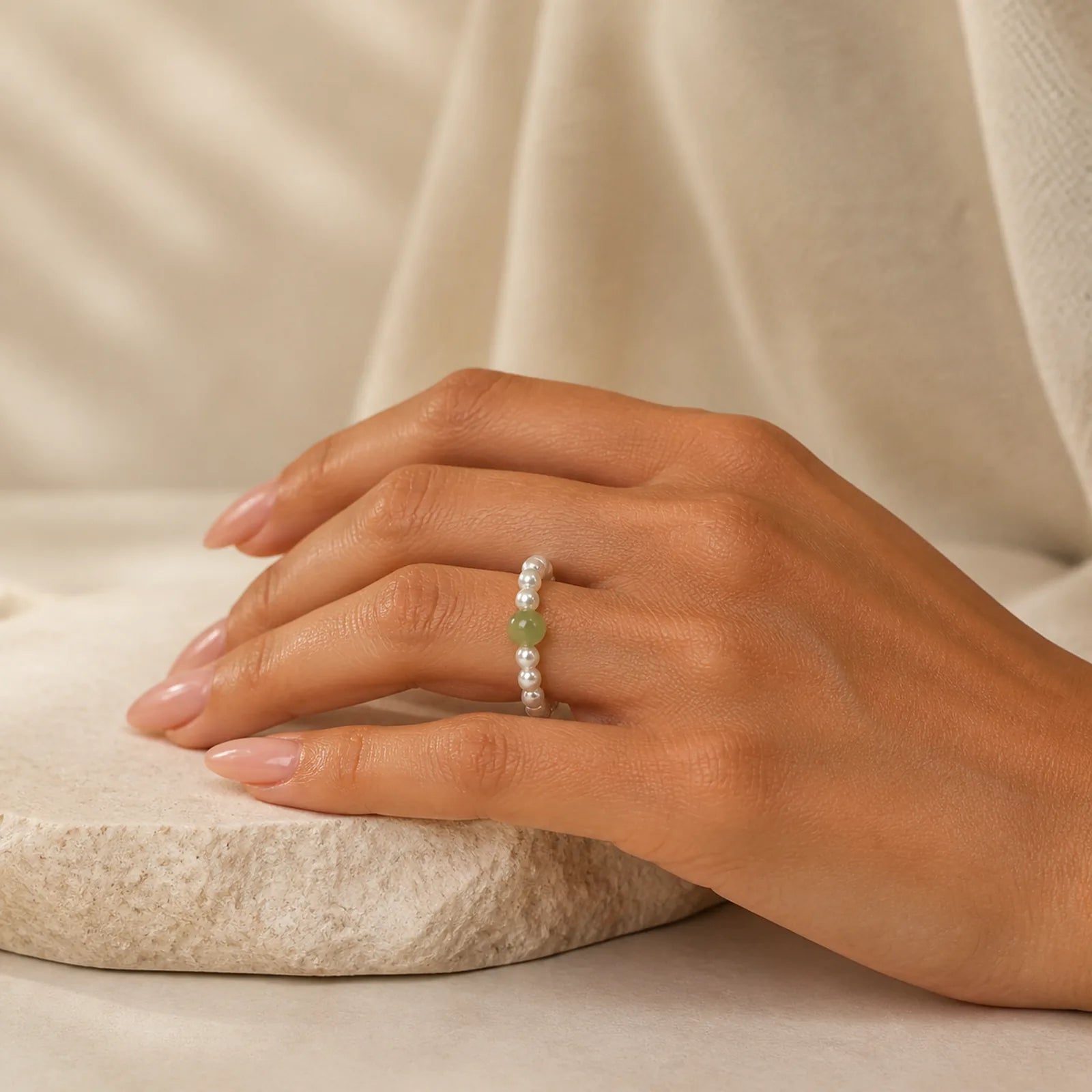 Round Jade Pearl Beads Luck Ring featuring Jade, Pearl