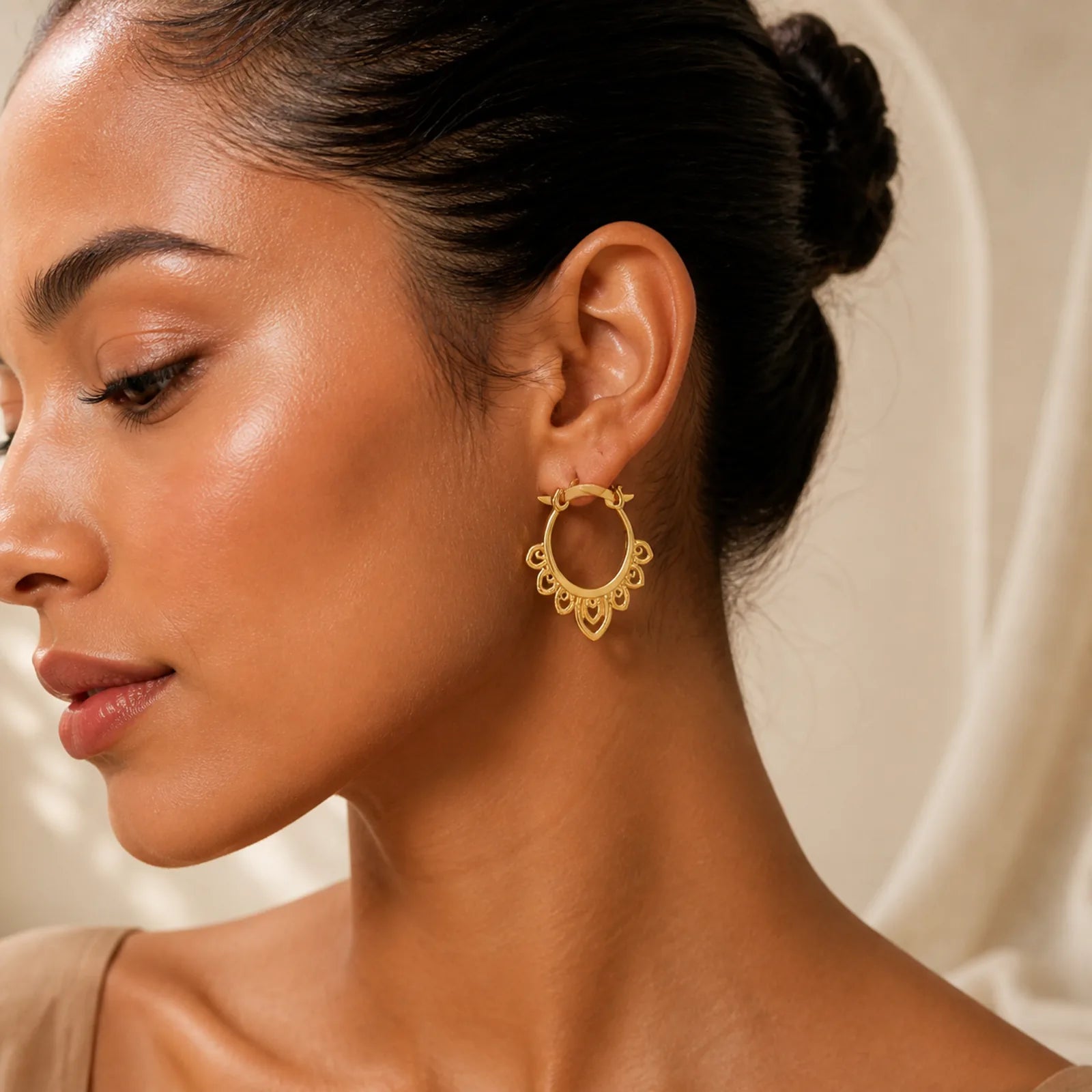 Round Lotus Flower Pattern Luck Hoop Earrings featuring Lotus, Lotus Symbol, Copper