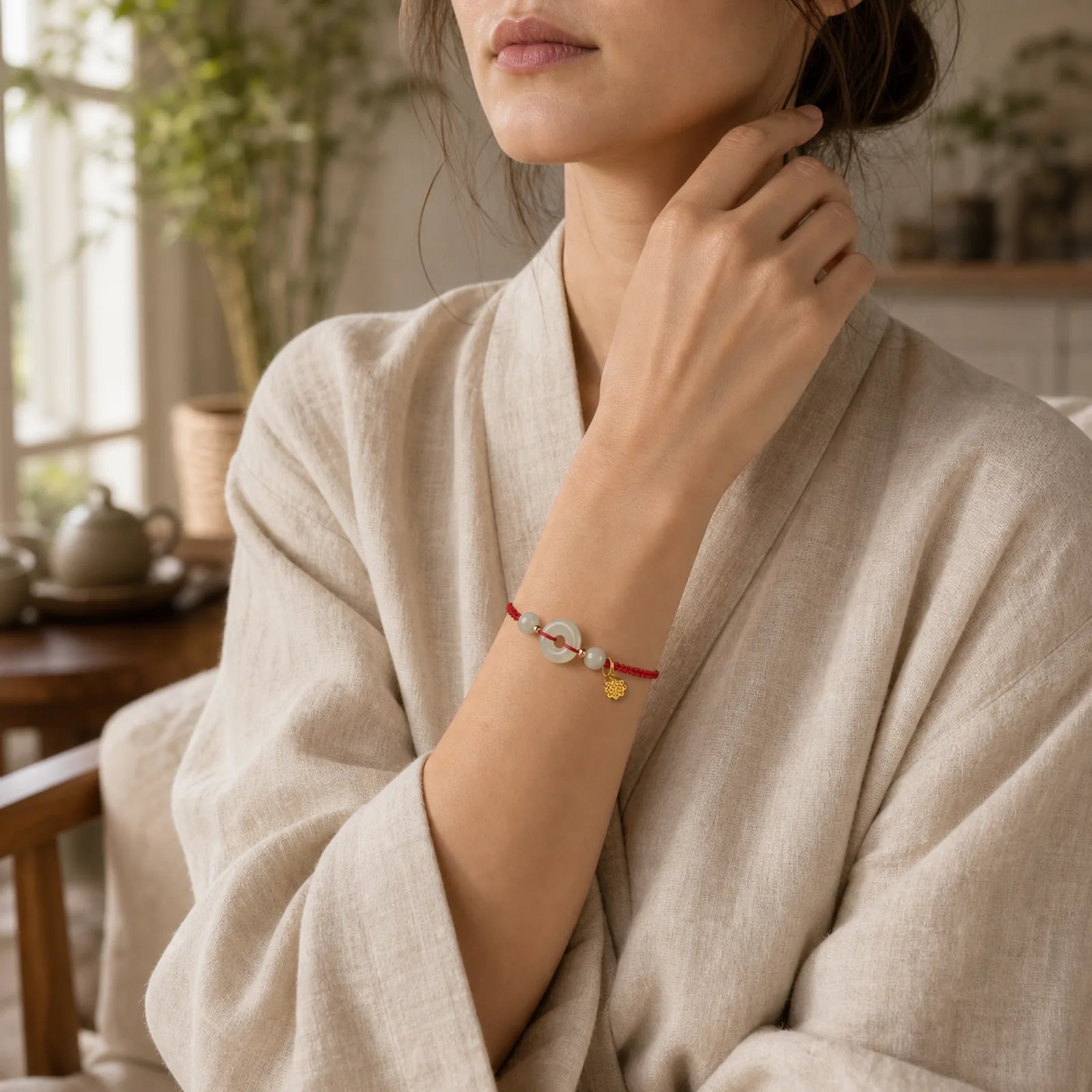 Round Peace Buckle Jade Lotus Happiness Abundance Wealth String Bracelet featuring Peace Buckle, Jade, Lotus