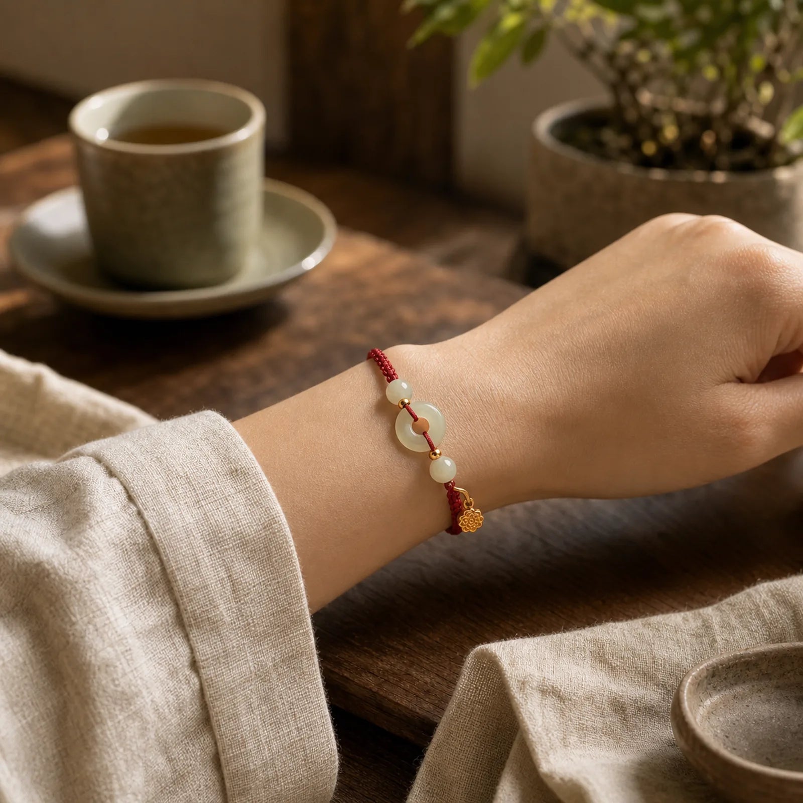 Round Peace Buckle Jade Lotus Happiness Abundance Wealth String Bracelet featuring Peace Buckle, Jade, Lotus