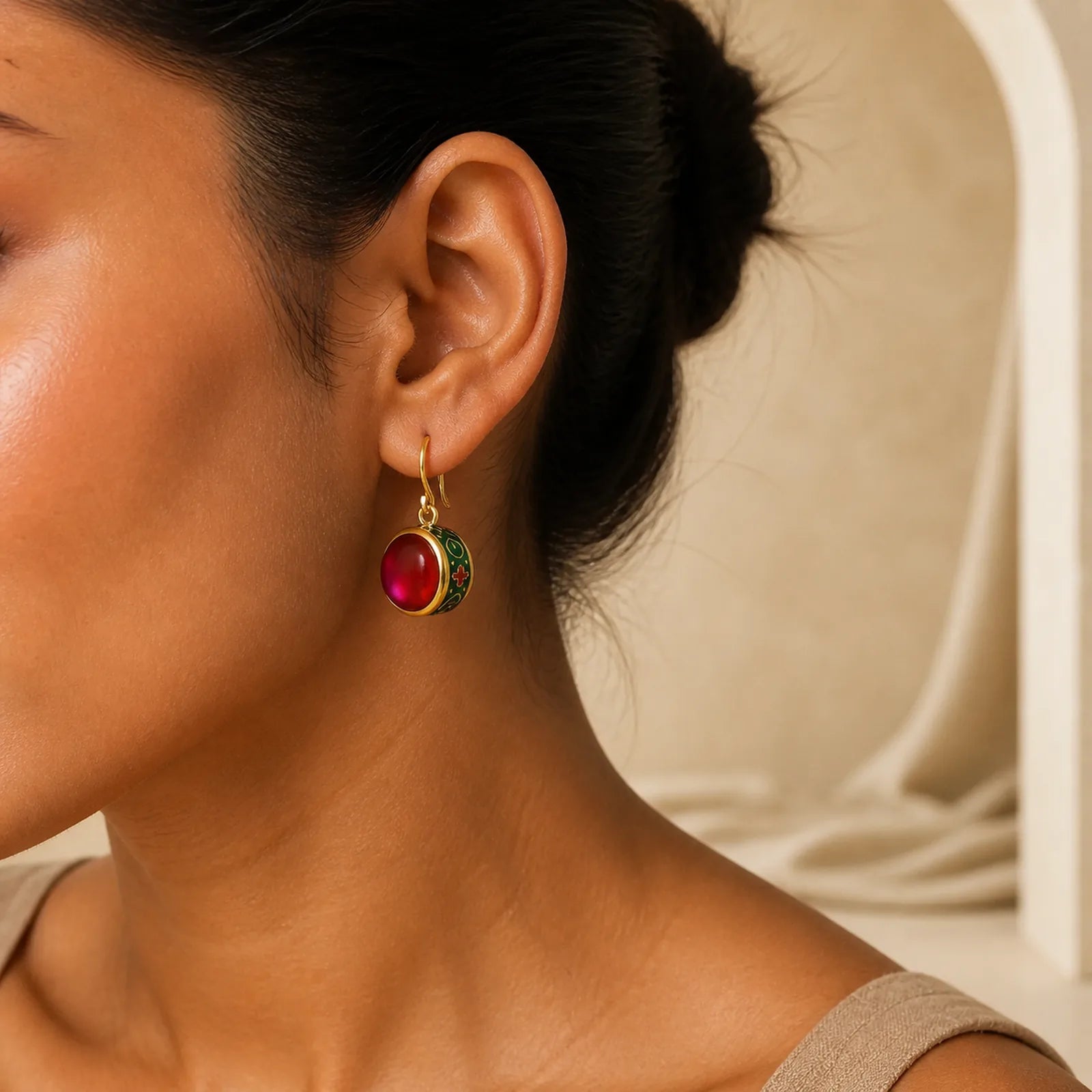 Round Red Corundum Confidence Hook Drop Dangle Earrings featuring Red Corundum, Copper, Silver