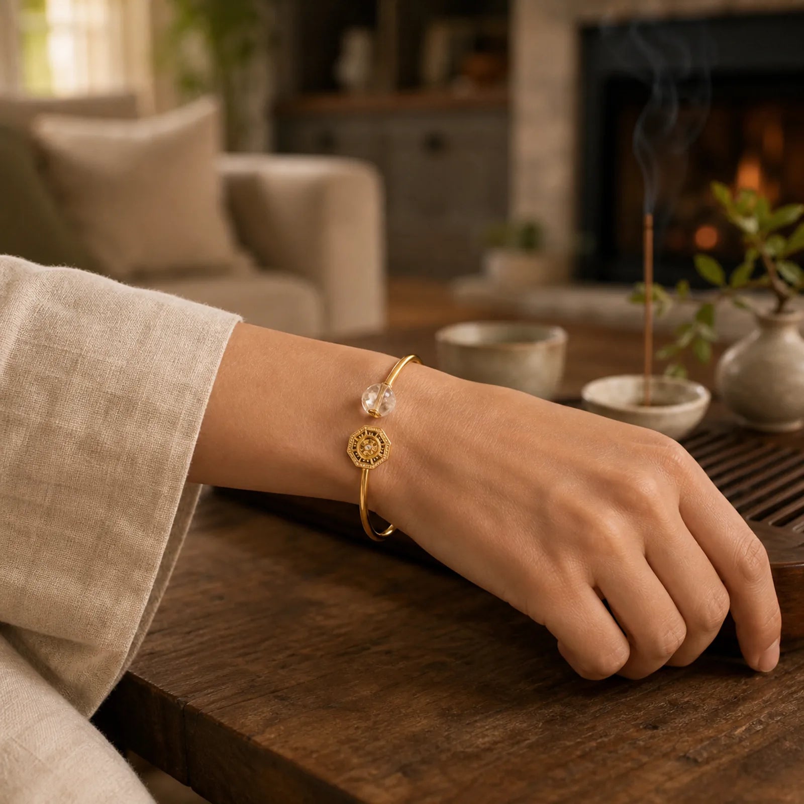 Rutilated Quartz Copper Brass Rotatable Windmill Feng Sheng Shui Qi Courage Bracelet Bangle featuring Rutilated Quartz, Copper