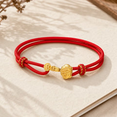 Ruyi Handle Fu Character Copper Plated Gold Rope Adjustable Luck Bracelet featuring Fu Character, Copper, Red String