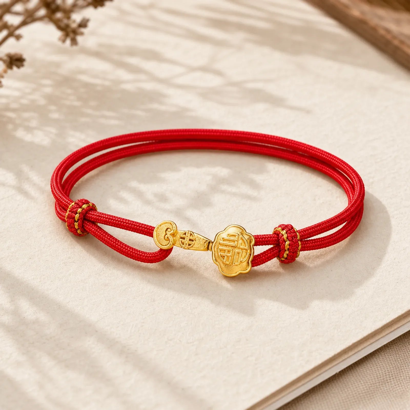 Ruyi Handle Fu Character Copper Plated Gold Rope Adjustable Luck Bracelet featuring Fu Character, Copper, Red String