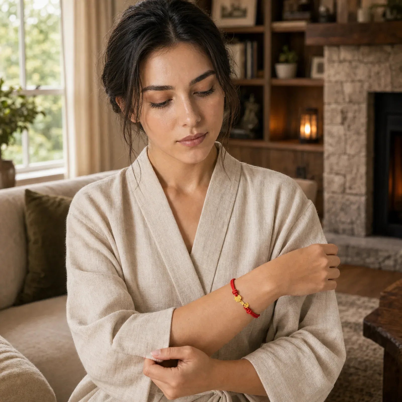 Ruyi Handle Fu Character Copper Plated Gold Rope Adjustable Luck Bracelet featuring Fu Character, Copper, Red String