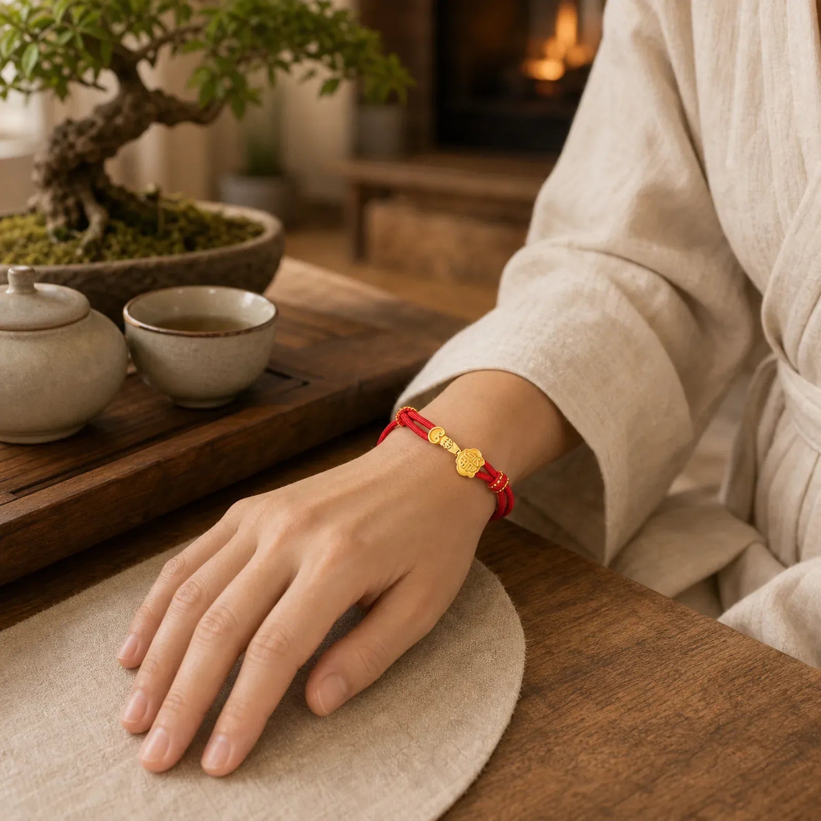 Ruyi Handle Fu Character Copper Plated Gold Rope Adjustable Luck Bracelet featuring Fu Character, Copper, Red String