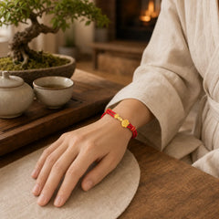 Ruyi Handle Fu Character Copper Plated Gold Rope Adjustable Luck Bracelet featuring Fu Character, Copper, Red String