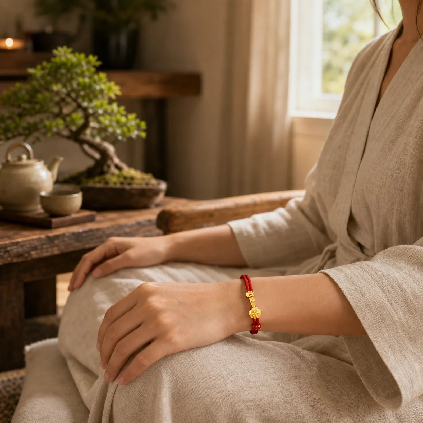 Ruyi Handle Fu Character Copper Plated Gold Rope Adjustable Luck Bracelet featuring Fu Character, Copper, Red String