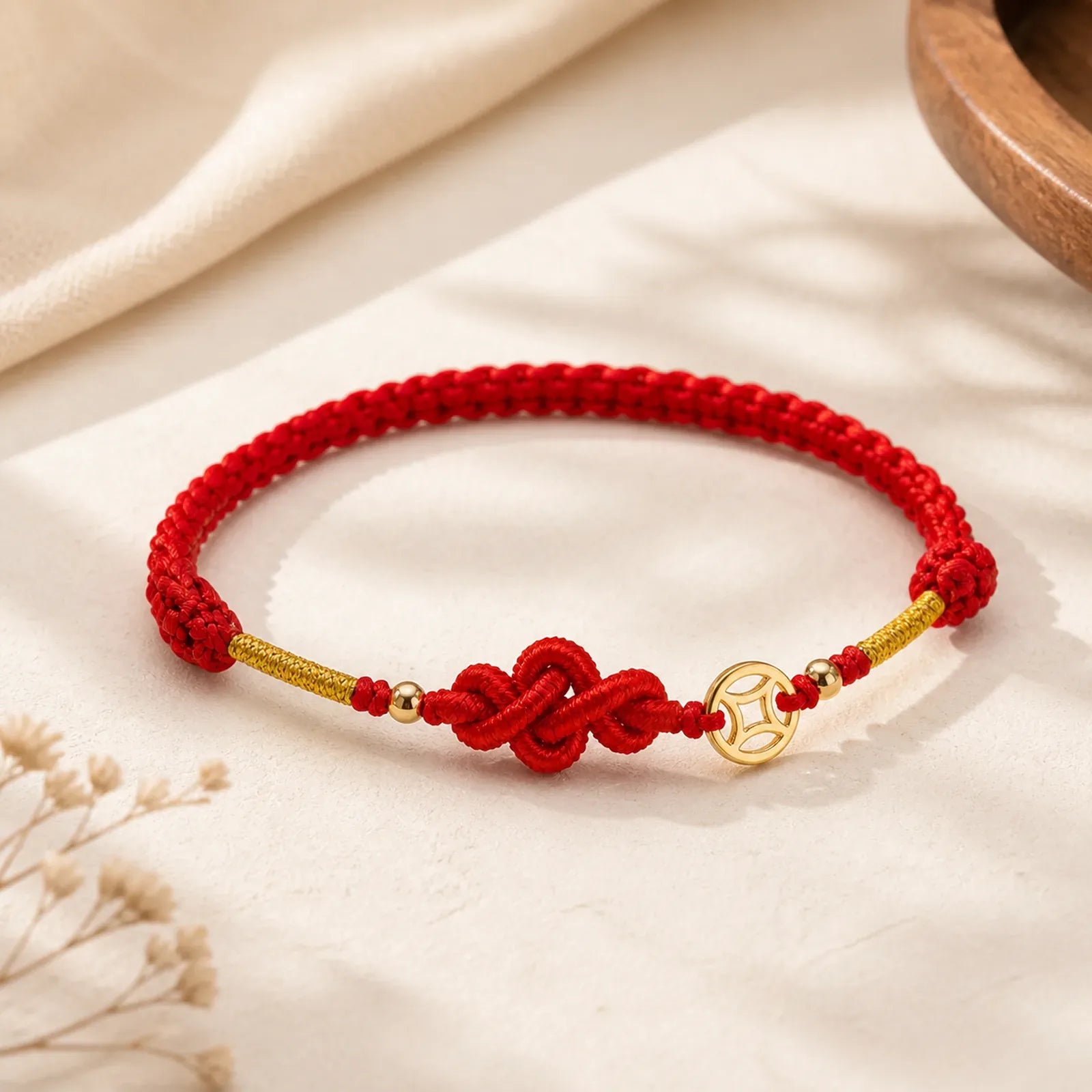 Ruyi Knot Copper Coin Braided Protection Bracelet featuring Copper, Red String