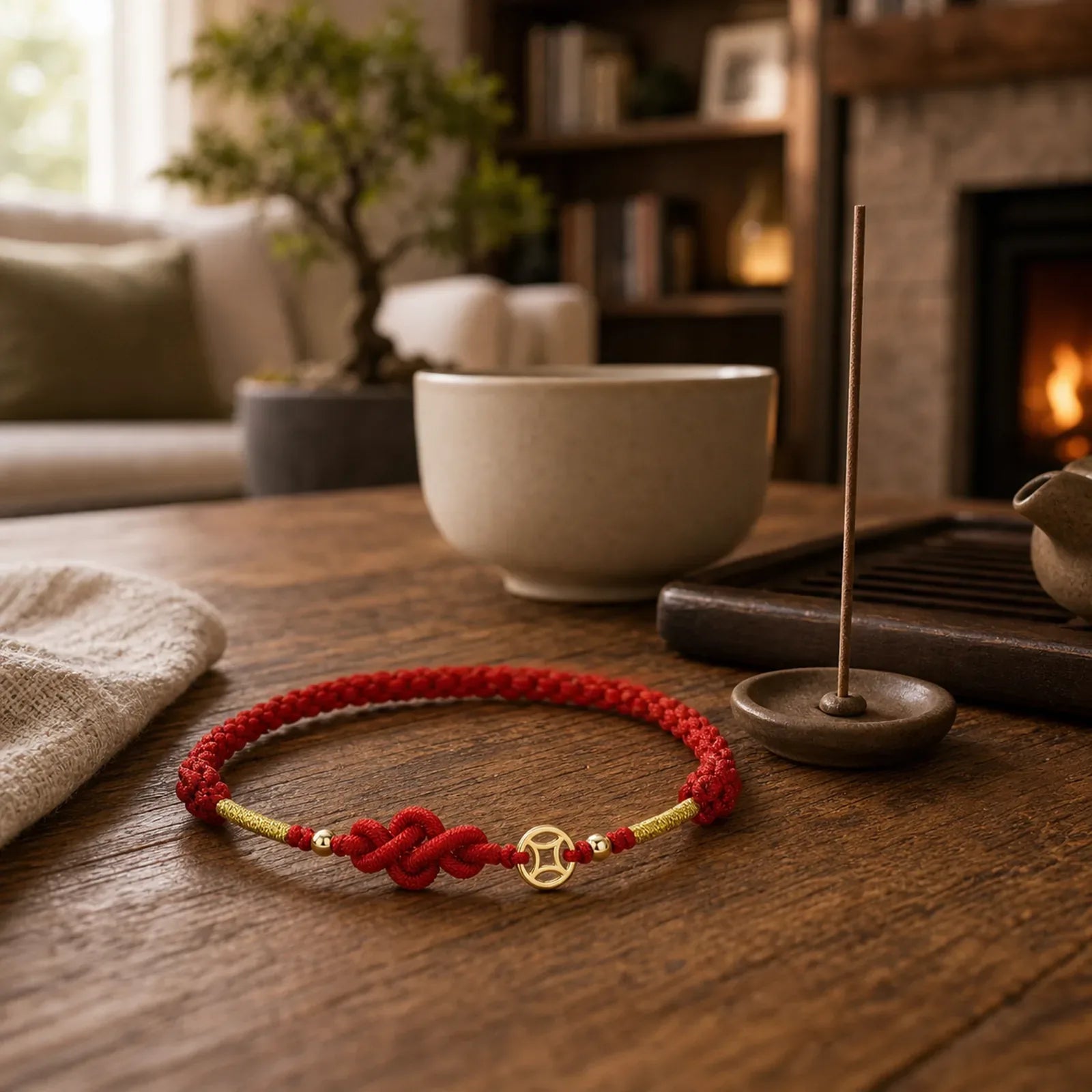Ruyi Knot Copper Coin Braided Protection Bracelet featuring Copper, Red String