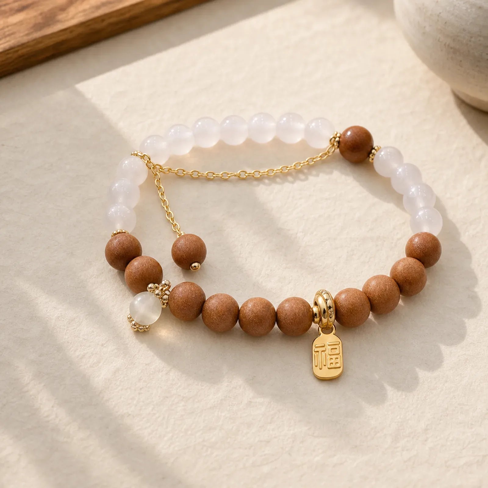 Sandalwood Cat's Eye Fu Character Charm Protection Bracelet featuring Sandalwood, Cat's Eye / Chrysoberyl, Fu Character