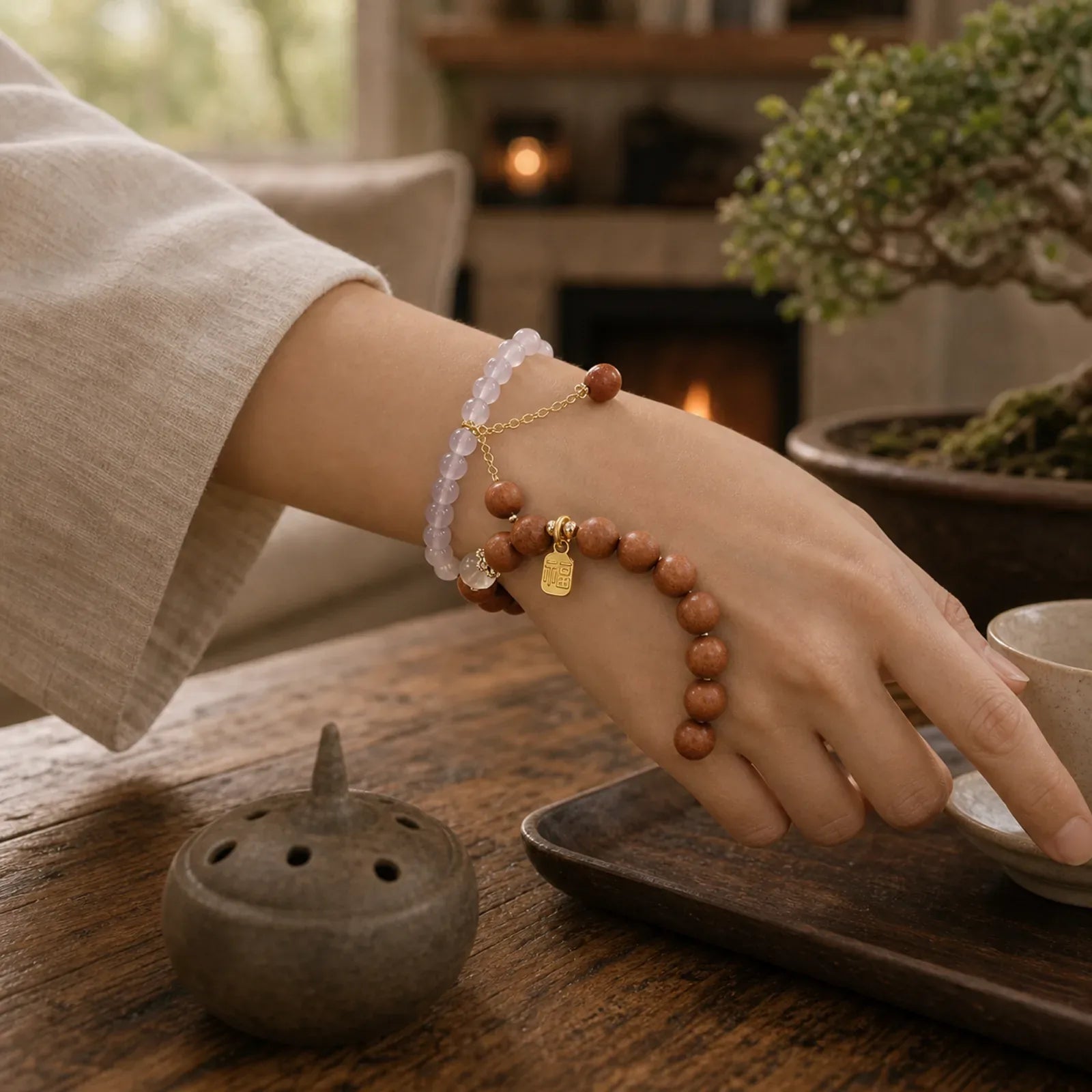 Sandalwood Cat's Eye Fu Character Charm Protection Bracelet featuring Sandalwood, Cat's Eye / Chrysoberyl, Fu Character