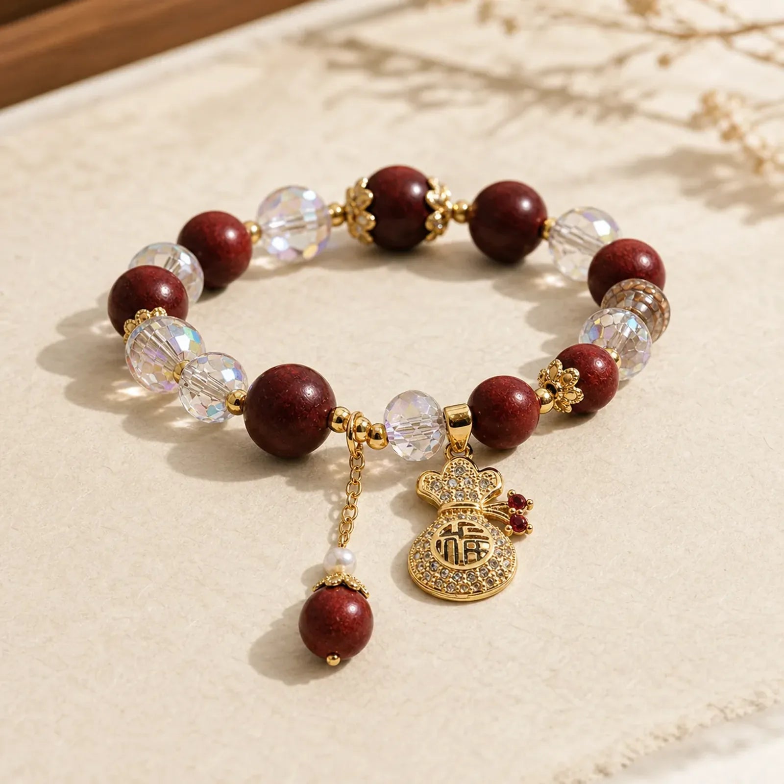 Sandalwood Fu Character Lucky Fortune Money Bag Charm Protection Bracelet featuring Sandalwood, Fu Character