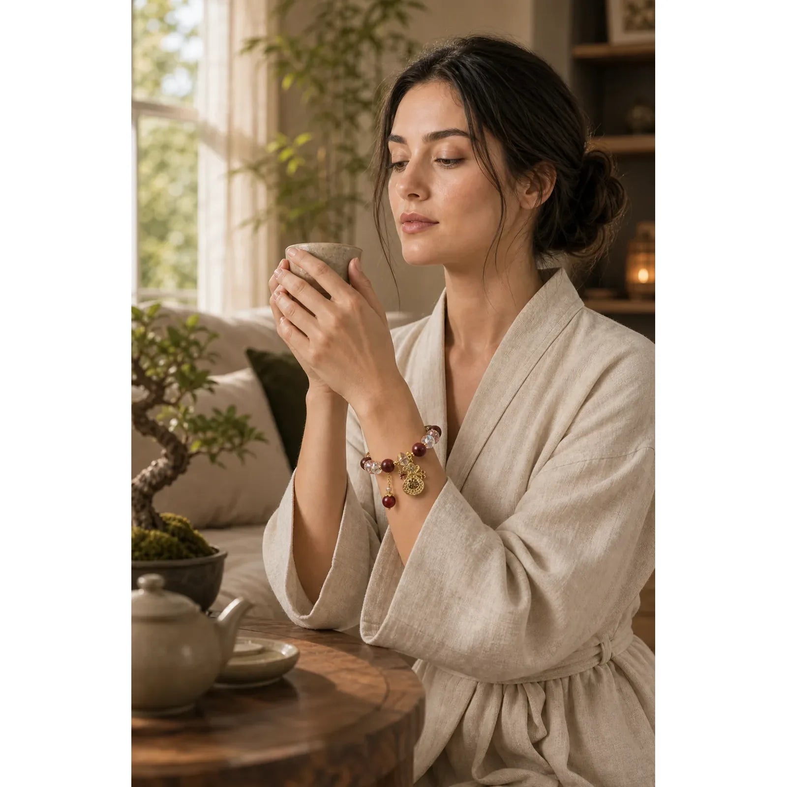 Sandalwood Fu Character Lucky Fortune Money Bag Charm Protection Bracelet featuring Sandalwood, Fu Character